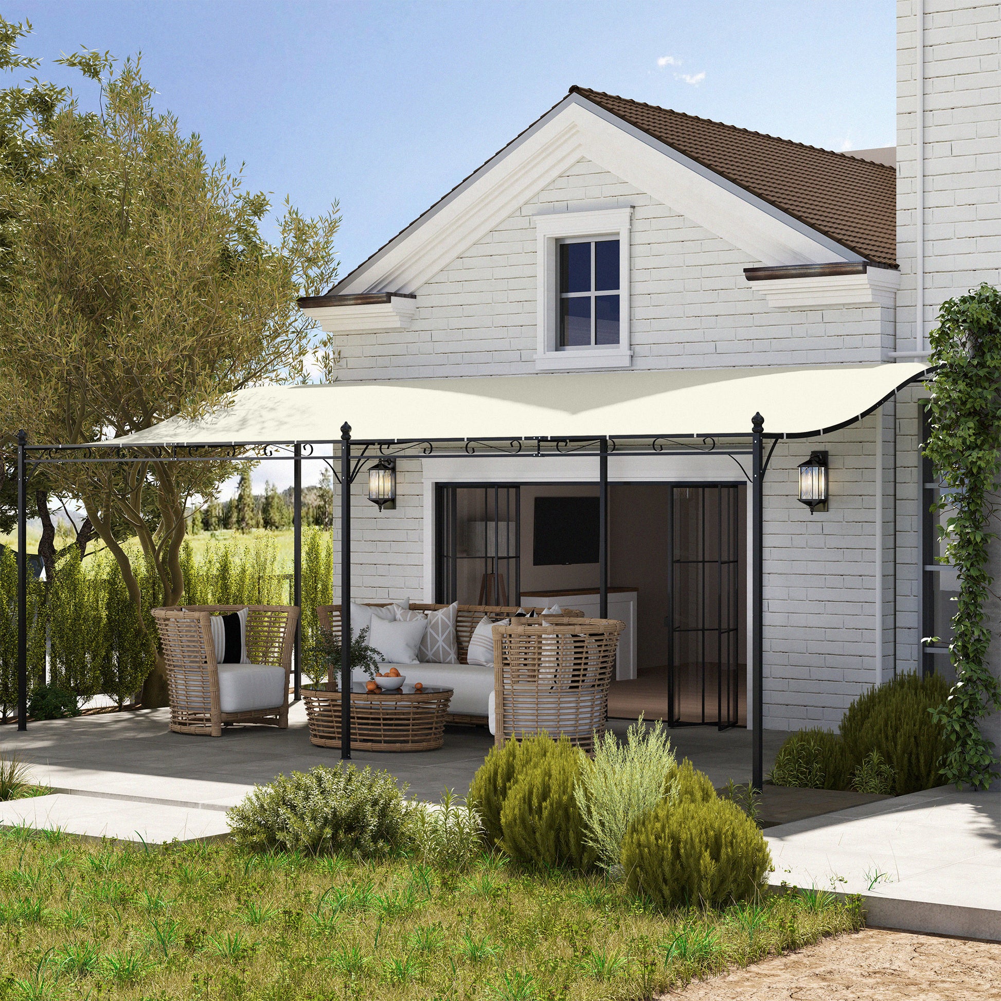 Outsunny Pérgola de Pared 6x3 m Cenador Gazebo con Techo de Poliéster Impermeable y Estructura Metálica Pabellón para Patio Terraza Balcón Crema