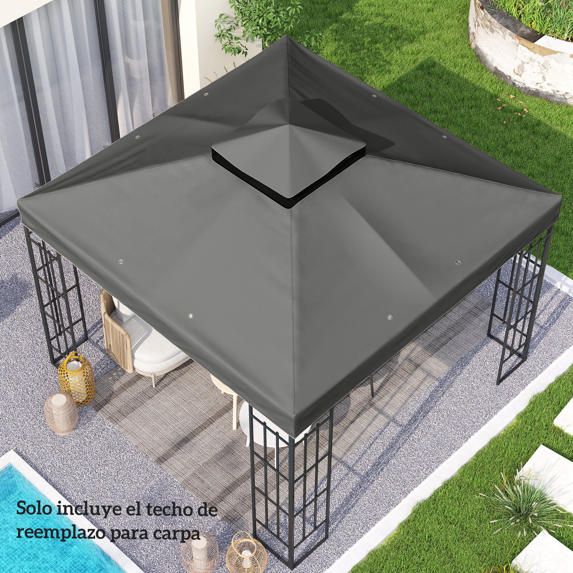 Outsunny Techo de Repuesto para Cenador, 3x3 m, Cubierta de Repuesto con Techo Doble, Orificios de Drenaje y Protección UPF30+, SOLO Toldo de Recambio para Pabellón Gazebo, Gris Oscuro