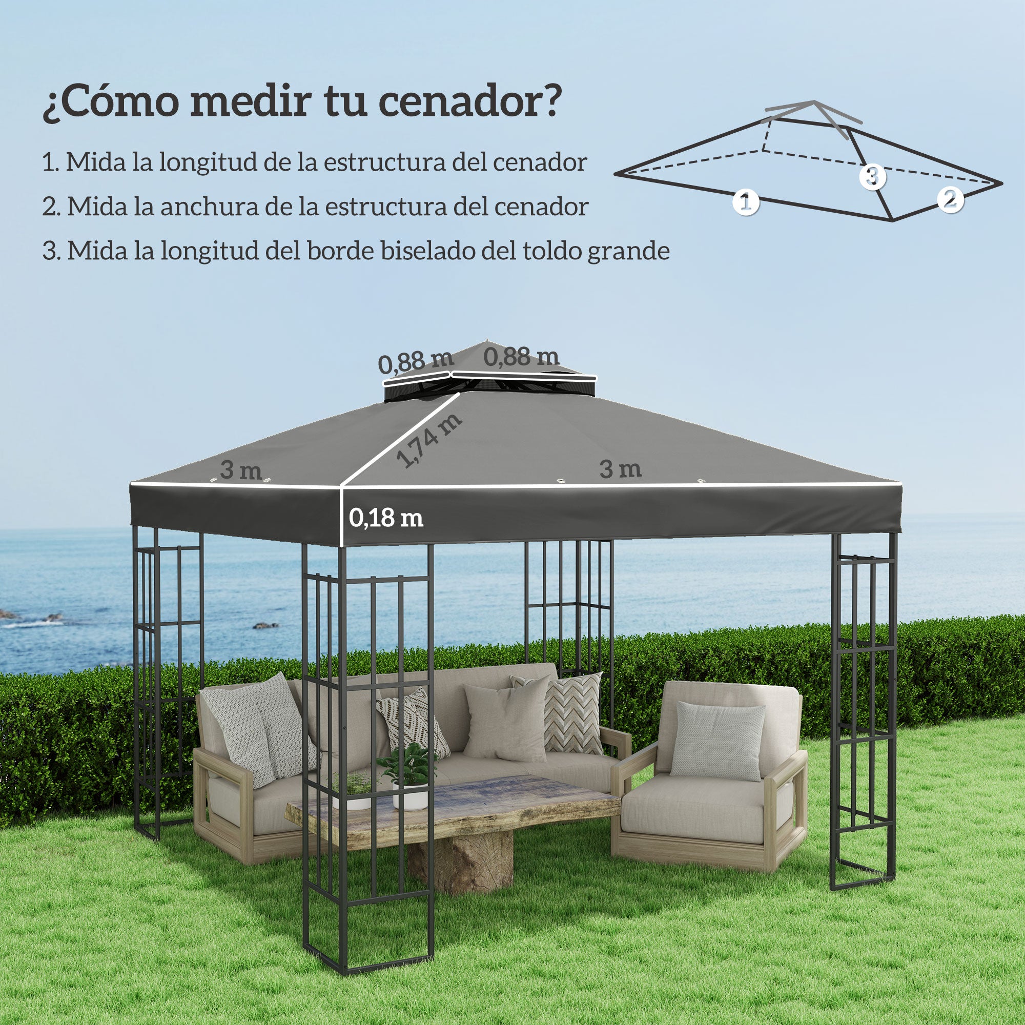 Outsunny Techo de Repuesto para Cenador, 3x3 m, Cubierta de Repuesto con Techo Doble, Orificios de Drenaje y Protección UPF30+, SOLO Toldo de Recambio para Pabellón Gazebo, Gris Oscuro