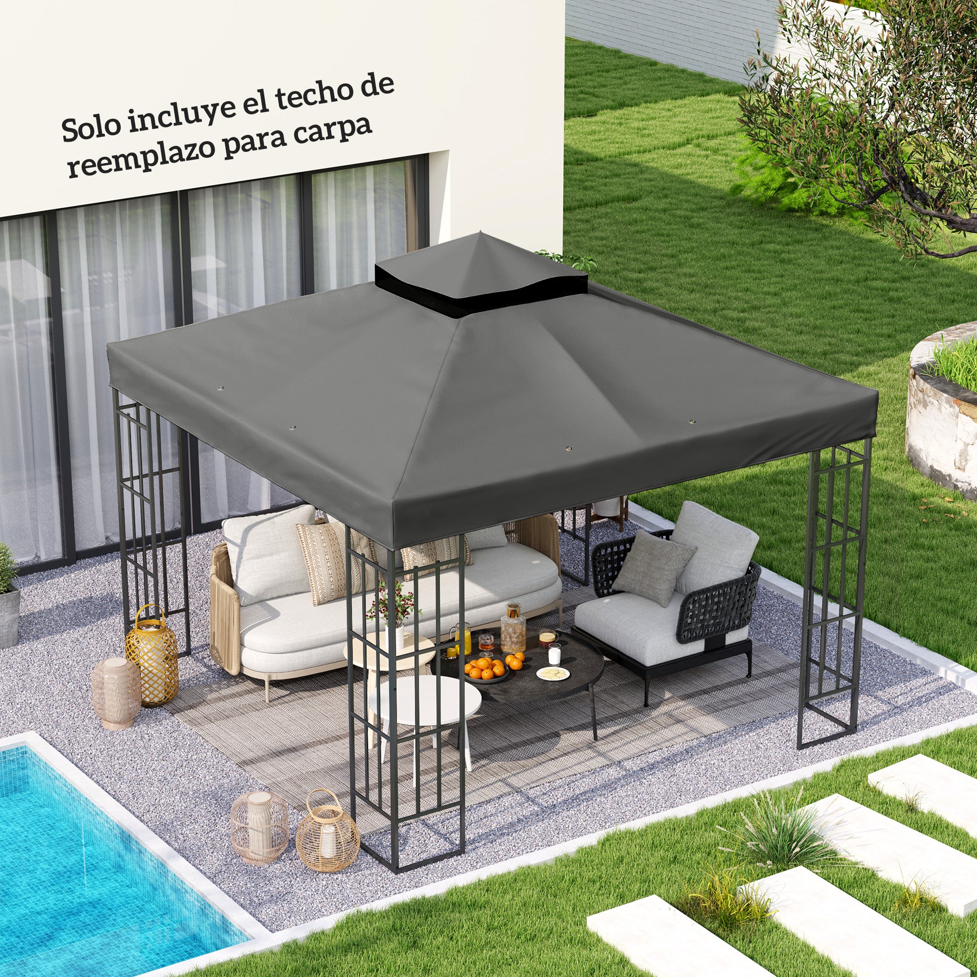 Outsunny Techo de Repuesto para Cenador, 3x3 m, Cubierta de Repuesto con Techo Doble, Orificios de Drenaje y Protección UPF30+, SOLO Toldo de Recambio para Pabellón Gazebo, Gris Oscuro