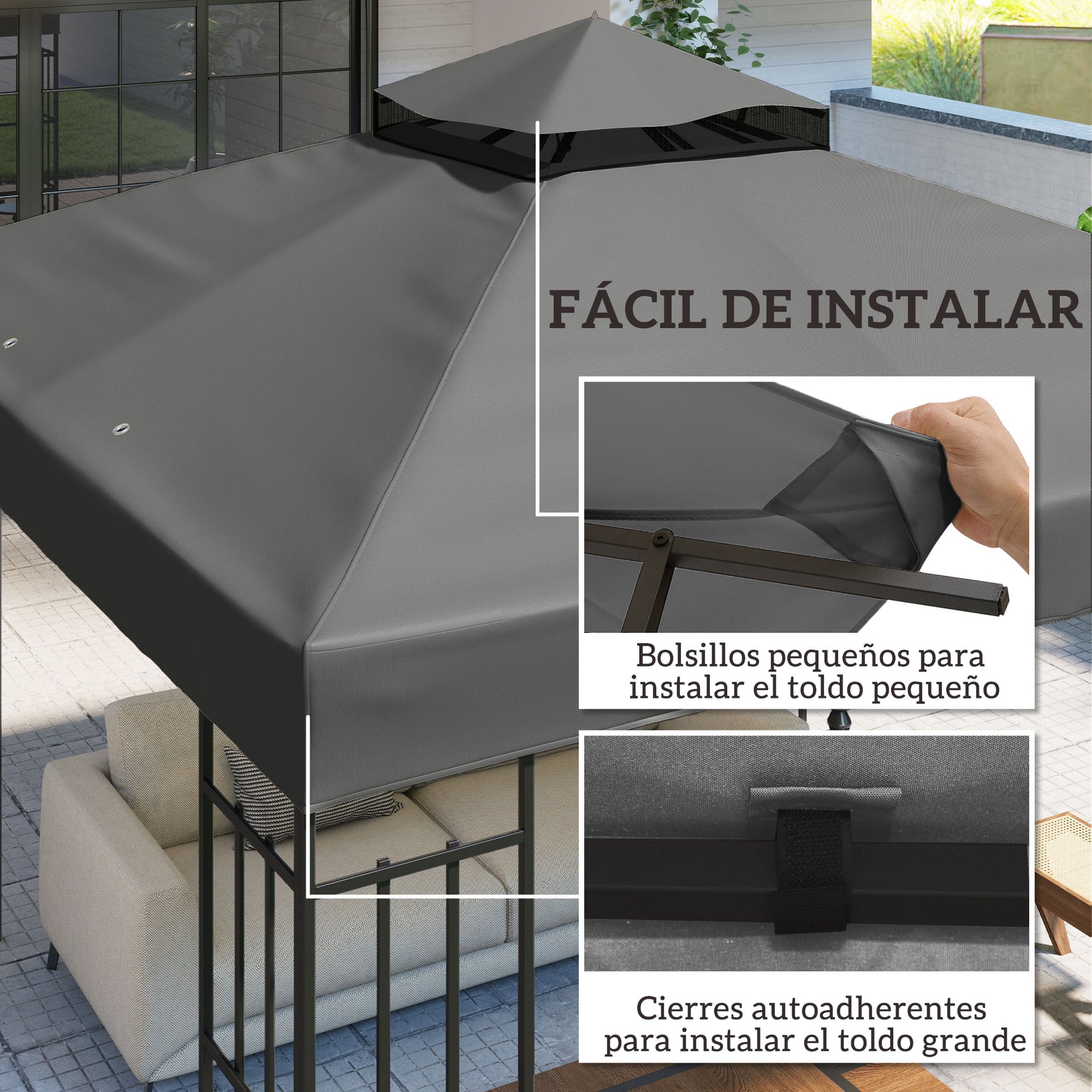 Outsunny Techo de Repuesto para Cenador, 3x3 m, Cubierta de Repuesto con Techo Doble, Orificios de Drenaje y Protección UPF30+, SOLO Toldo de Recambio para Pabellón Gazebo, Gris Oscuro