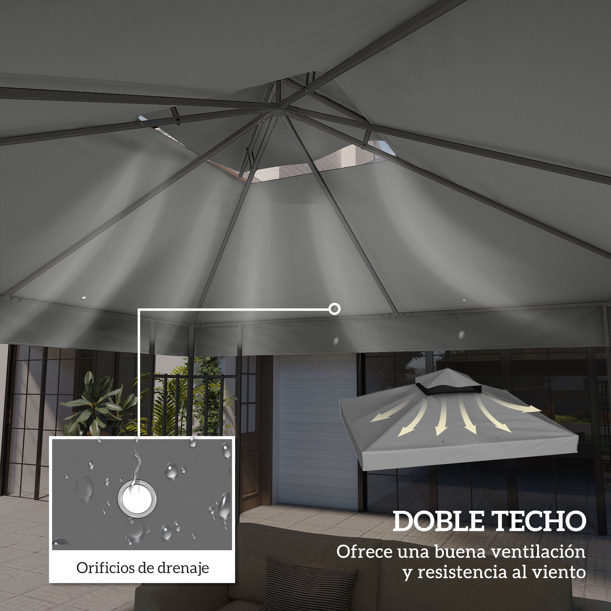 Outsunny Techo de Repuesto para Cenador, 3x3 m, Cubierta de Repuesto con Techo Doble, Orificios de Drenaje y Protección UPF30+, SOLO Toldo de Recambio para Pabellón Gazebo, Gris Oscuro