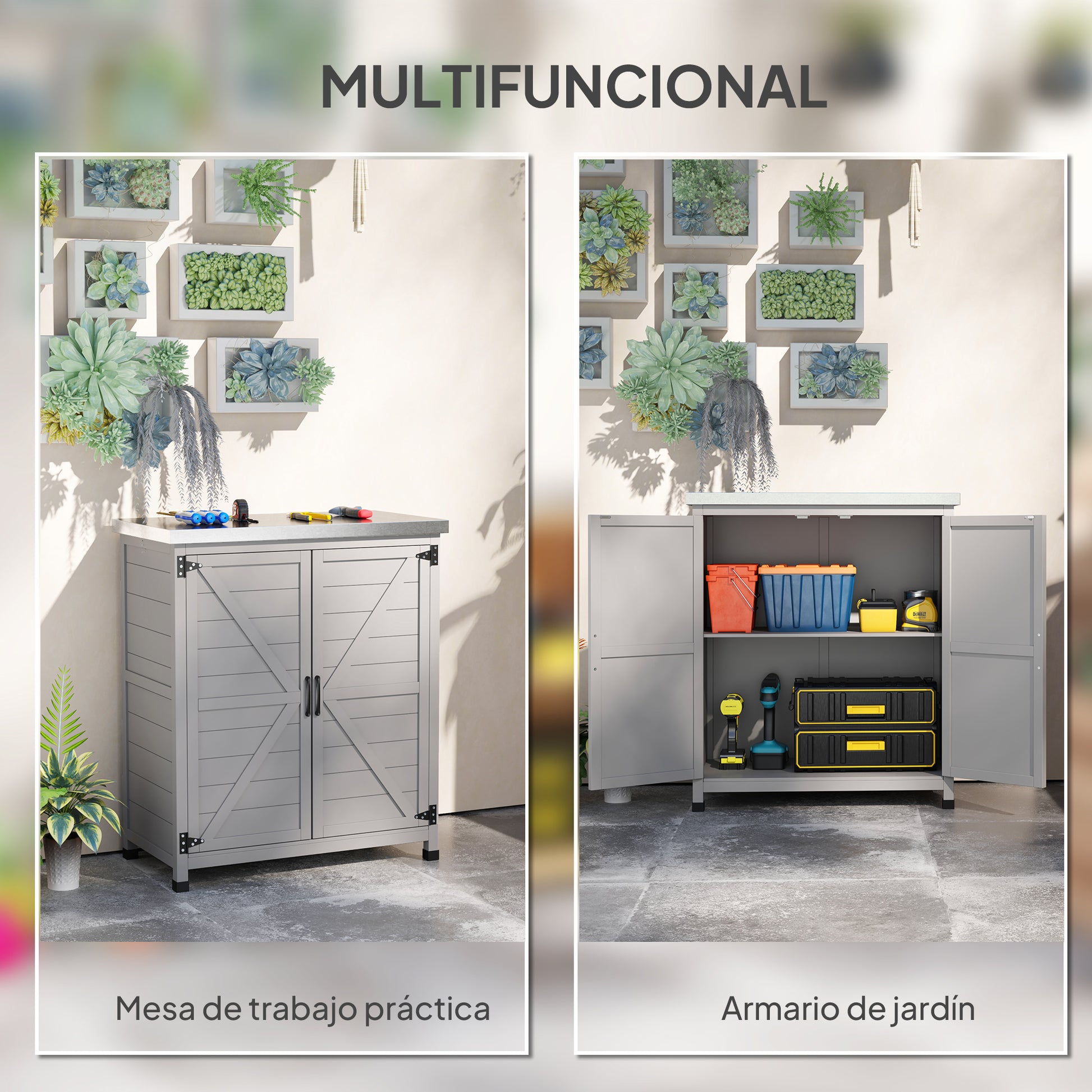 Outsunny Armario de Exterior de Madera, Caseta de Jardín Exterior con Techo de Acero Galvanizado, Estante, 2 Puertas, Cobertizo de Jardín para Almacenamiento de Herramientas, 79x43x92 cm, Gris