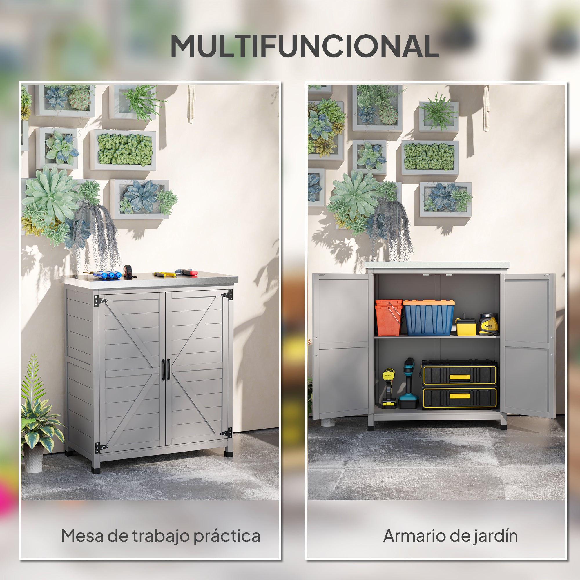 Outsunny Armario de Exterior de Madera, Caseta de Jardín Exterior con Techo de Acero Galvanizado, Estante, 2 Puertas, Cobertizo de Jardín para Almacenamiento de Herramientas, 79x43x92 cm, Gris