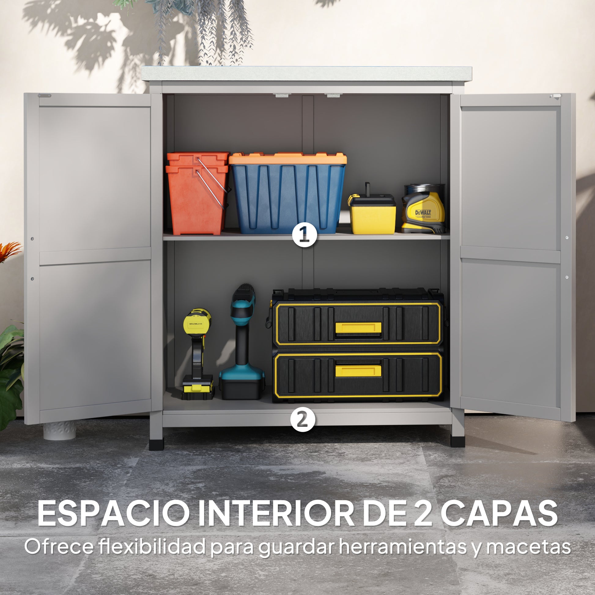 Outsunny Armario de Exterior de Madera, Caseta de Jardín Exterior con Techo de Acero Galvanizado, Estante, 2 Puertas, Cobertizo de Jardín para Almacenamiento de Herramientas, 79x43x92 cm, Gris