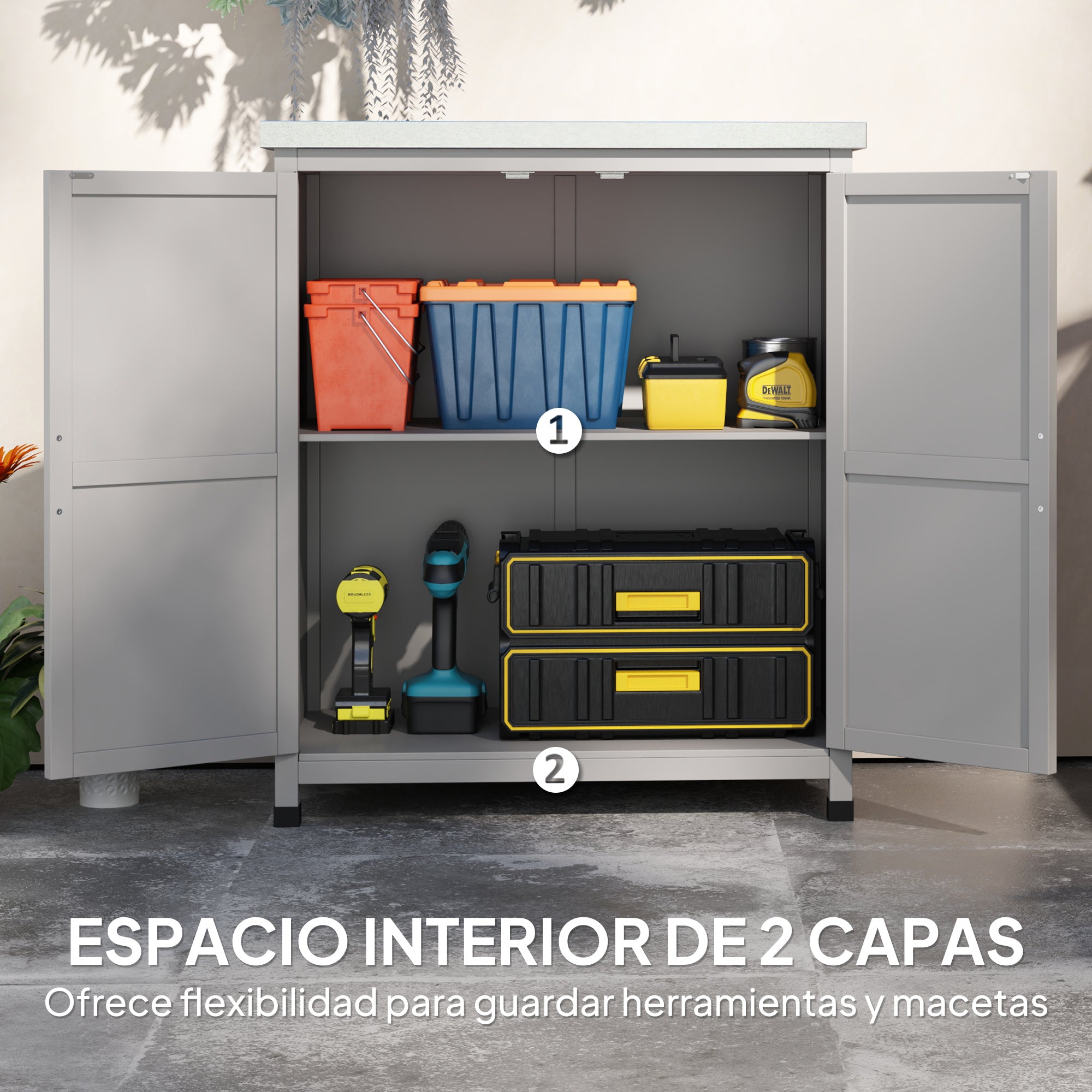 Outsunny Armario de Exterior de Madera, Caseta de Jardín Exterior con Techo de Acero Galvanizado, Estante, 2 Puertas, Cobertizo de Jardín para Almacenamiento de Herramientas, 79x43x92 cm, Gris