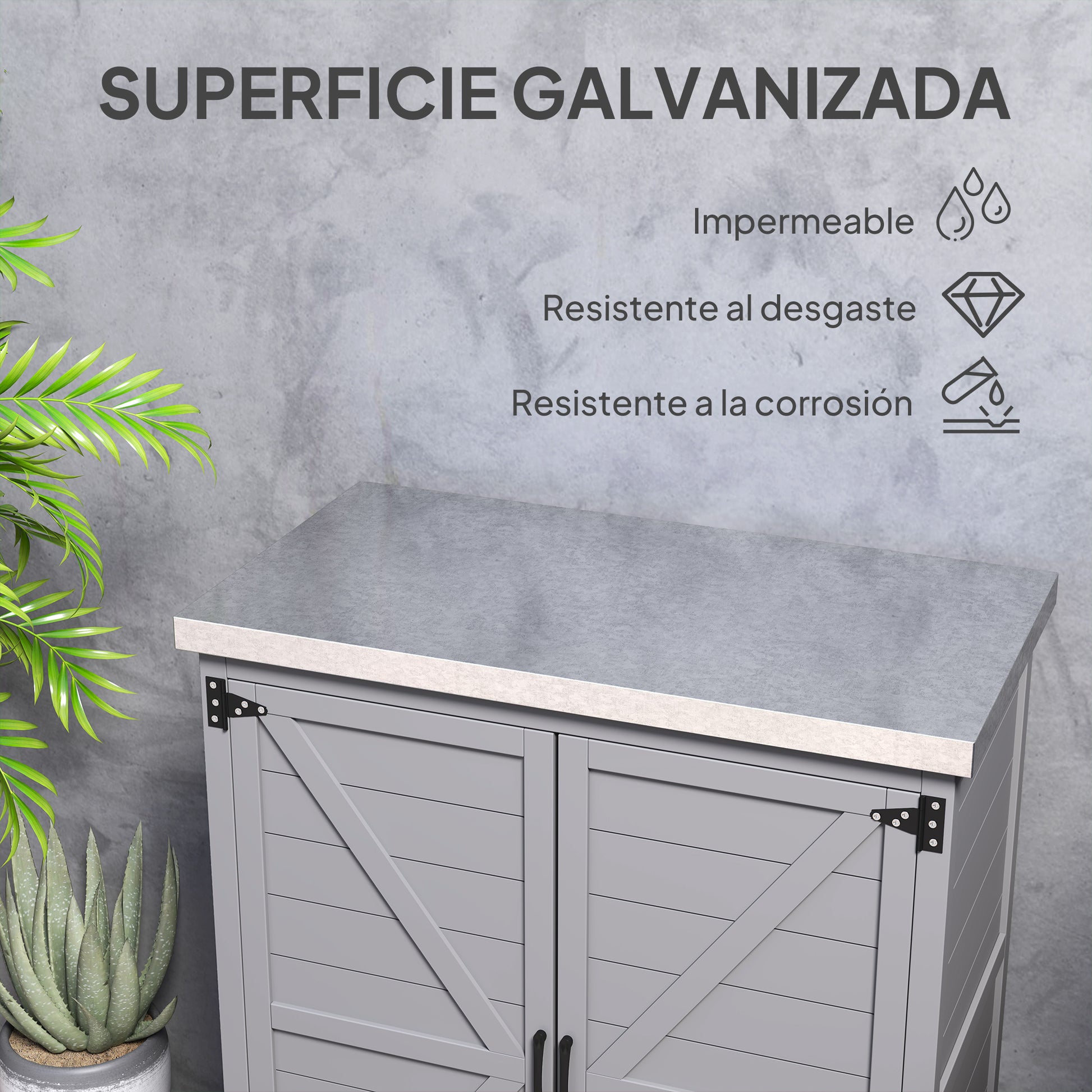 Outsunny Armario de Exterior de Madera, Caseta de Jardín Exterior con Techo de Acero Galvanizado, Estante, 2 Puertas, Cobertizo de Jardín para Almacenamiento de Herramientas, 79x43x92 cm, Gris