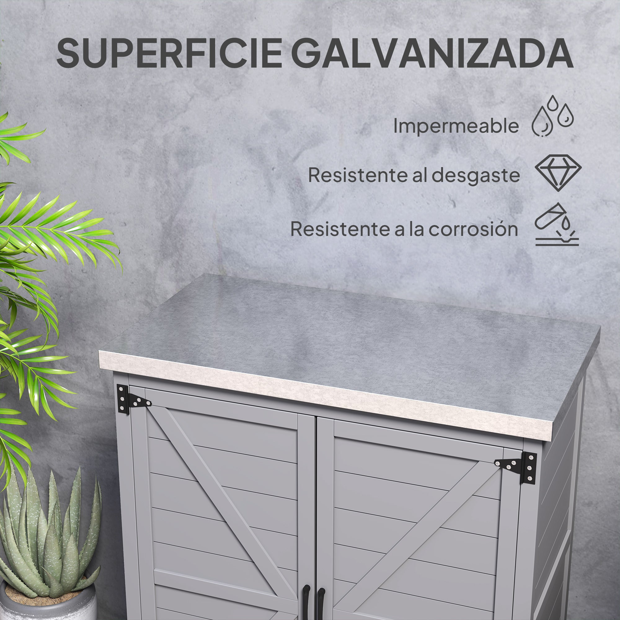 Outsunny Armario de Exterior de Madera, Caseta de Jardín Exterior con Techo de Acero Galvanizado, Estante, 2 Puertas, Cobertizo de Jardín para Almacenamiento de Herramientas, 79x43x92 cm, Gris
