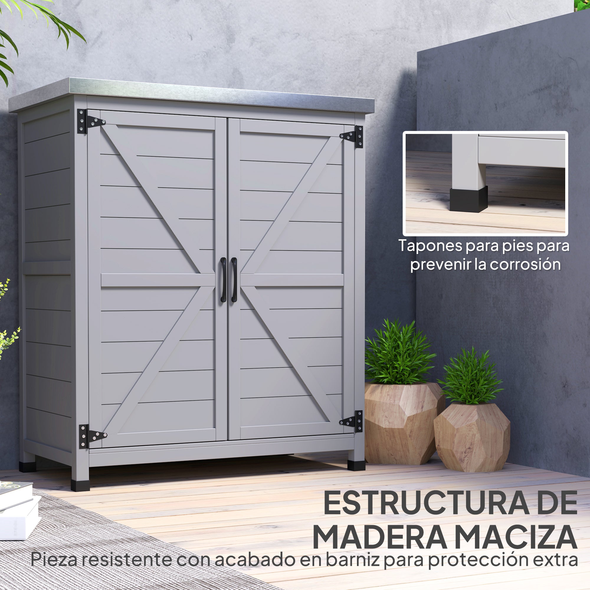 Outsunny Armario de Exterior de Madera, Caseta de Jardín Exterior con Techo de Acero Galvanizado, Estante, 2 Puertas, Cobertizo de Jardín para Almacenamiento de Herramientas, 79x43x92 cm, Gris
