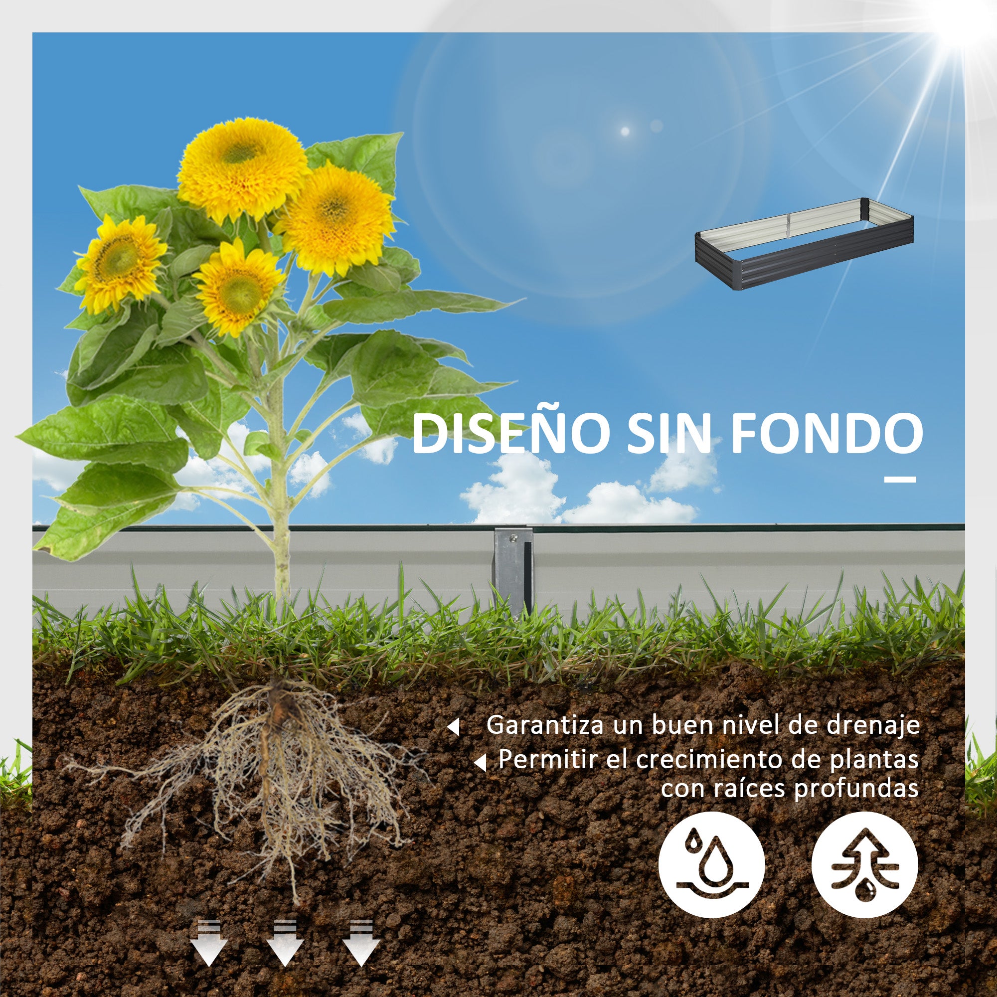 Outsunny Jardinera Elevada de Acero Galvanizado Huerto Urbano para Cultivar Plantas Flores Hierba Macetero Grande Exterior Rectangular con Fondo Abierto 241x90,5x30 cm Gris