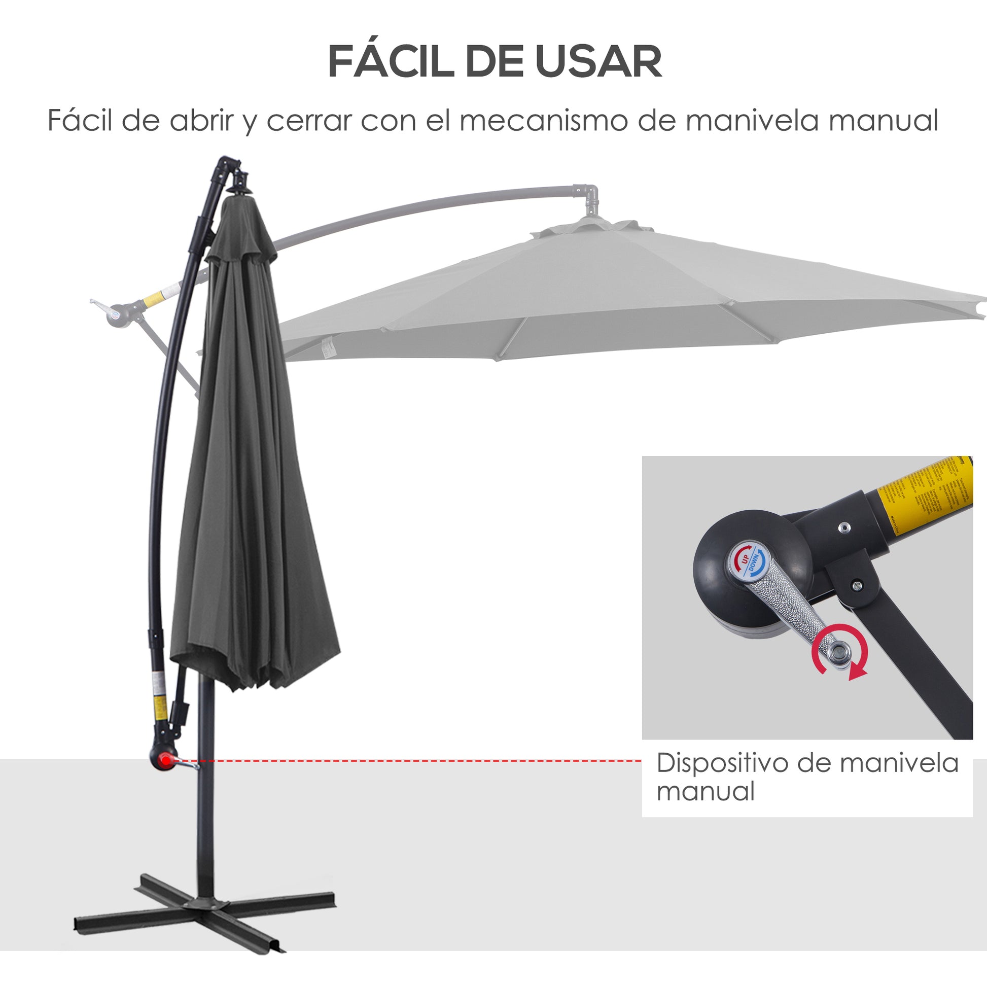 Outsunny Parasol Excéntrico Ø 295 cm Sombrilla de Jardín con Ángulo Ajustable Base Cruzada y Manivela Sombrilla para Terraza Patio Gris
