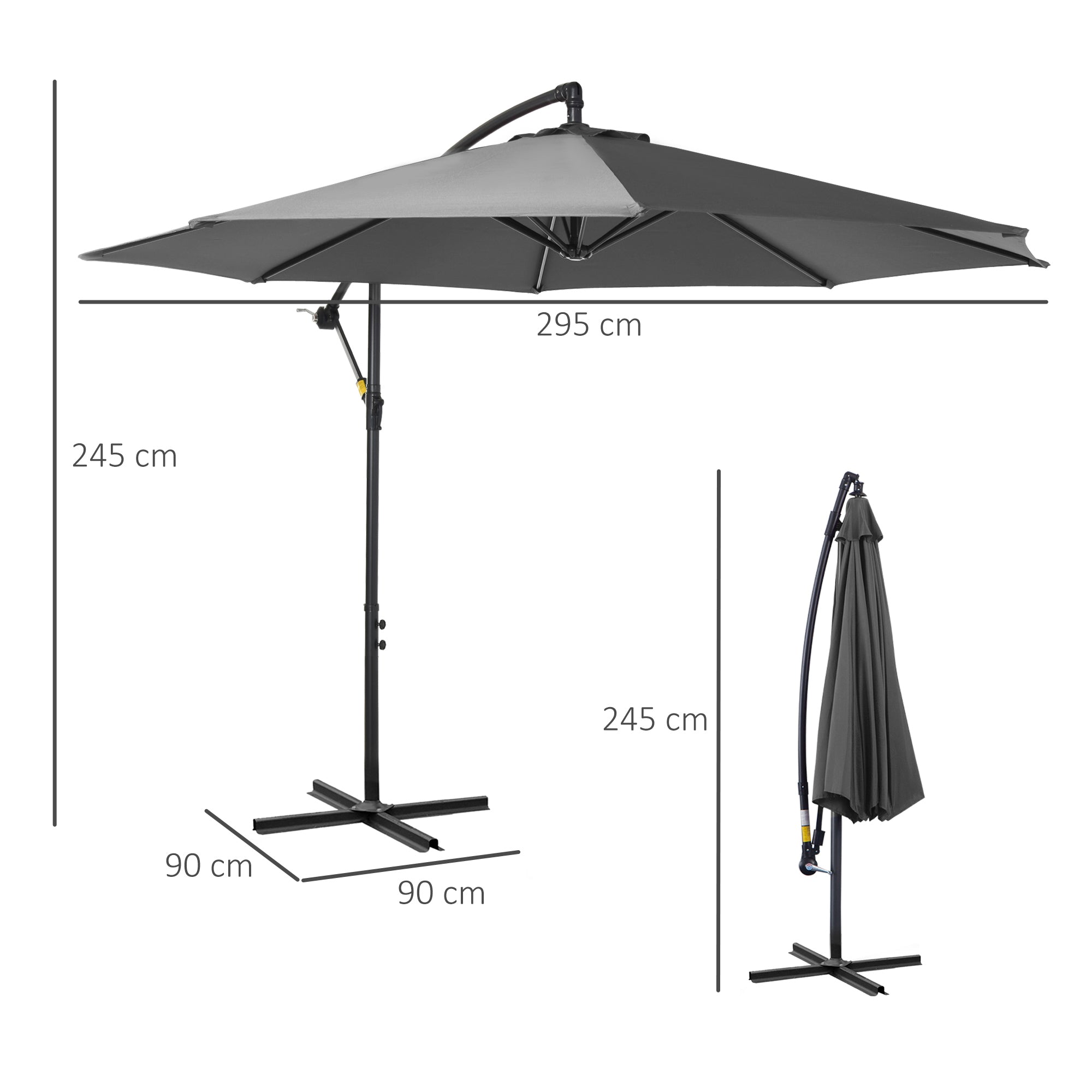 Outsunny Parasol Excéntrico Ø 295 cm Sombrilla de Jardín con Ángulo Ajustable Base Cruzada y Manivela Sombrilla para Terraza Patio Gris