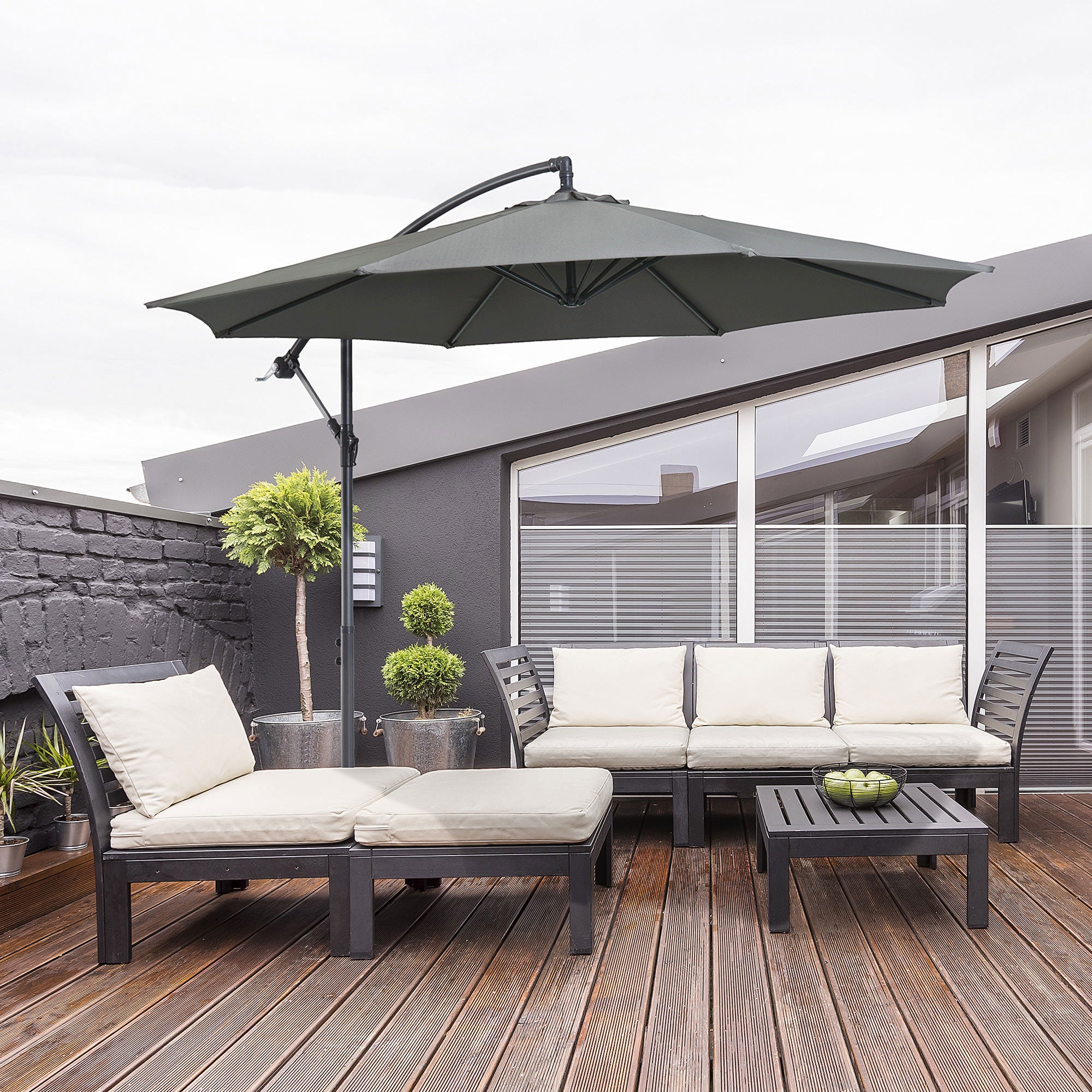 Outsunny Parasol Excéntrico Ø 295 cm Sombrilla de Jardín con Ángulo Ajustable Base Cruzada y Manivela Sombrilla para Terraza Patio Gris
