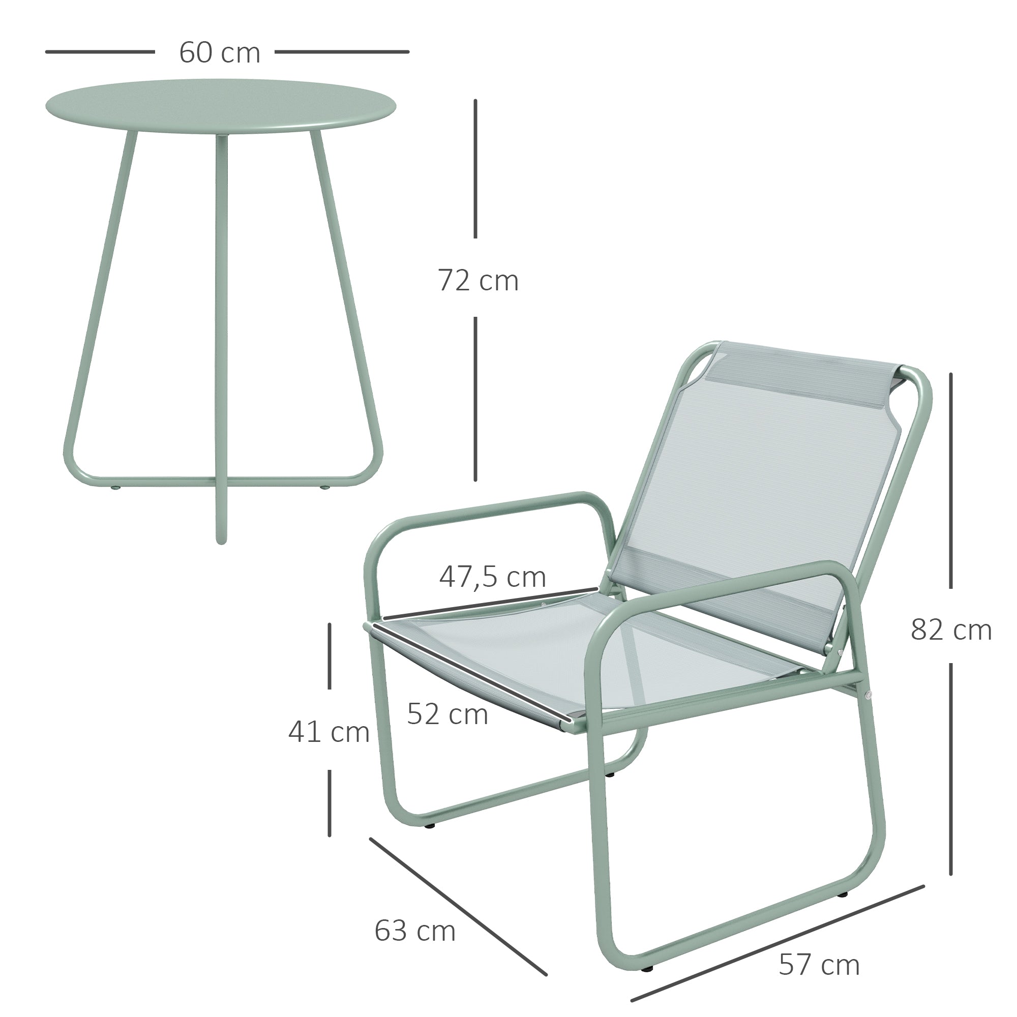 Outsunny Conjunto de Jardín Exterior Muebles de Jardín Exterior Juego de 1 Mesa Redonda y 2 Sillas de Terraza con Marco de Acero Reposabrazos y Almohadillas Ajustables para los Pies Verde