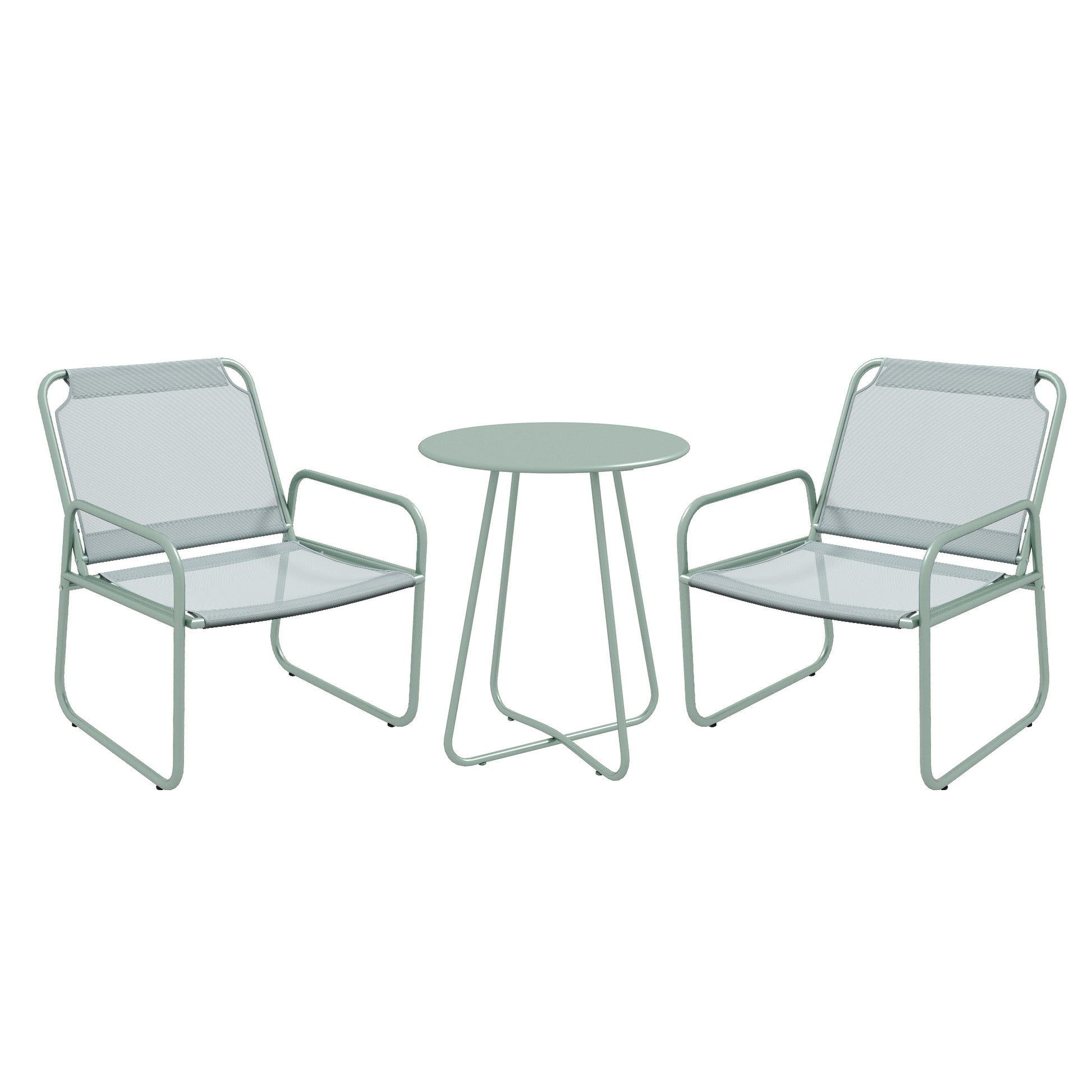 Outsunny Conjunto de Jardín Exterior Muebles de Jardín Exterior Juego de 1 Mesa Redonda y 2 Sillas de Terraza con Marco de Acero Reposabrazos y Almohadillas Ajustables para los Pies Verde