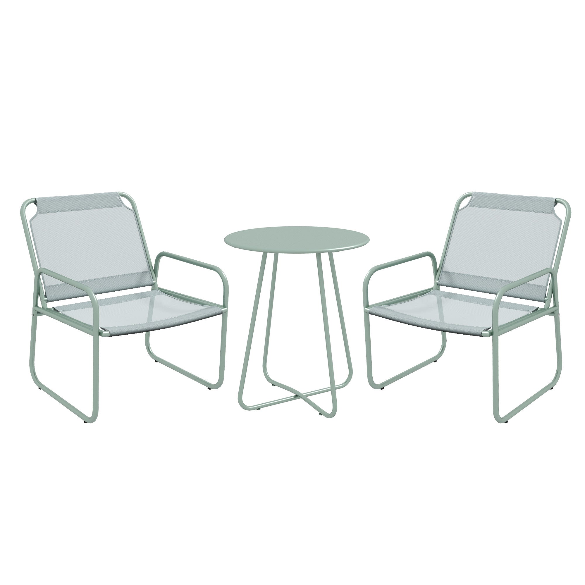 Outsunny Conjunto de Jardín Exterior Muebles de Jardín Exterior Juego de 1 Mesa Redonda y 2 Sillas de Terraza con Marco de Acero Reposabrazos y Almohadillas Ajustables para los Pies Verde