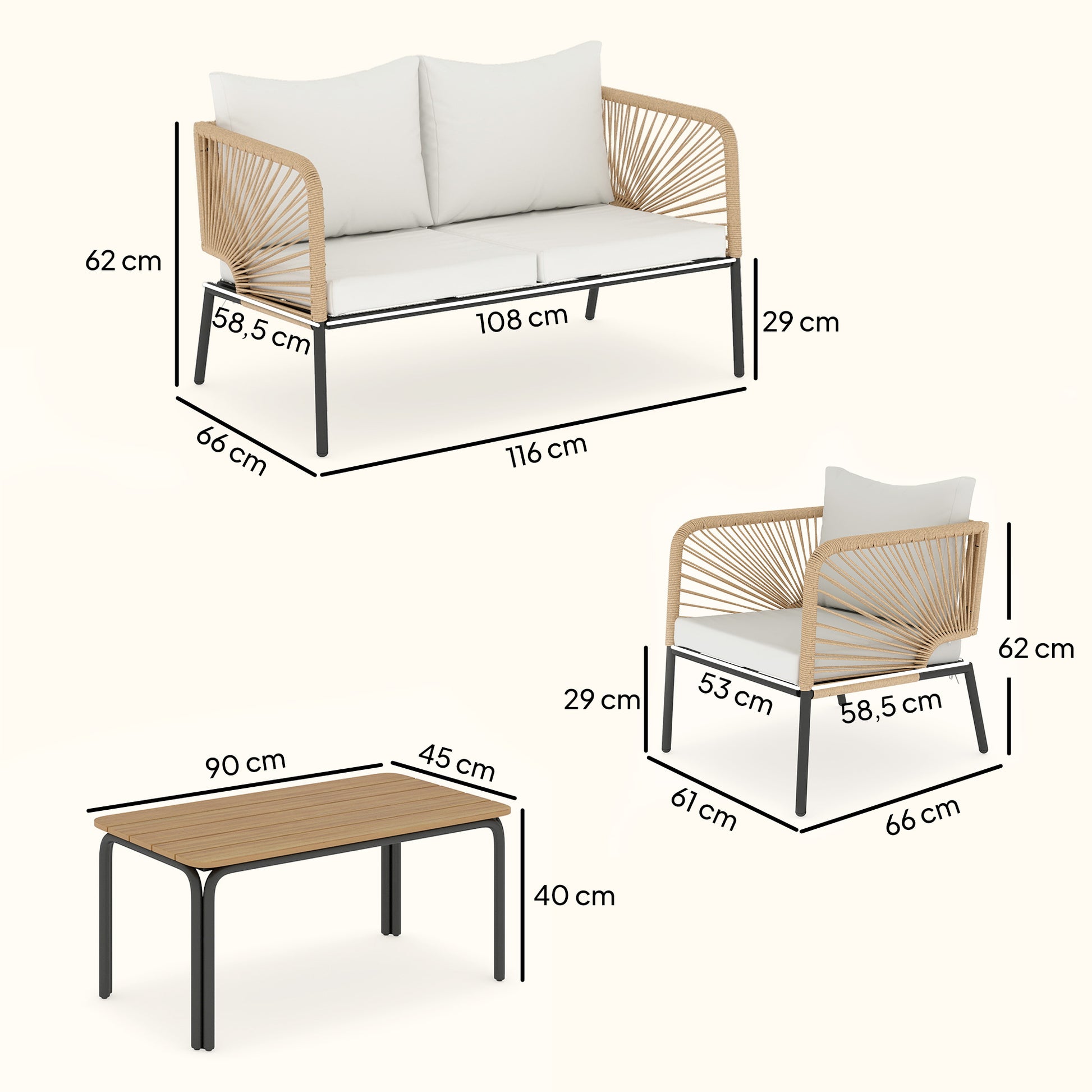 Outsunny Conjunto Jardín Exterior de 4 Piezas, Muebles Jardín Exterior con Sofá de 2 Plazas, 2 Sillones, Mesa de WPC, Ratán PE Tipo Cuerda, Cojines Acolchados y Marco de Metal para Terraza, Blanco