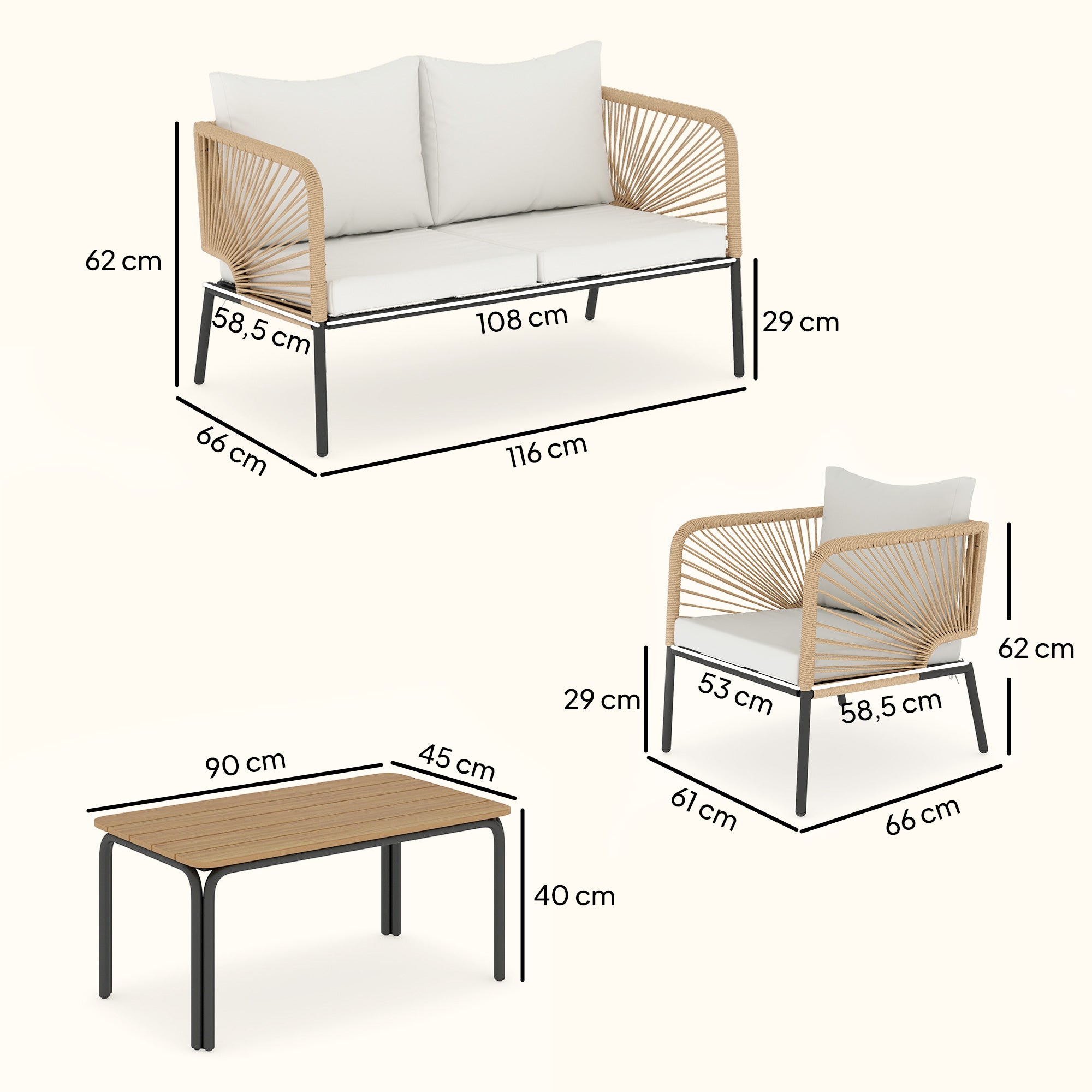 Outsunny Conjunto Jardín Exterior de 4 Piezas, Muebles Jardín Exterior con Sofá de 2 Plazas, 2 Sillones, Mesa de WPC, Ratán PE Tipo Cuerda, Cojines Acolchados y Marco de Metal para Terraza, Blanco