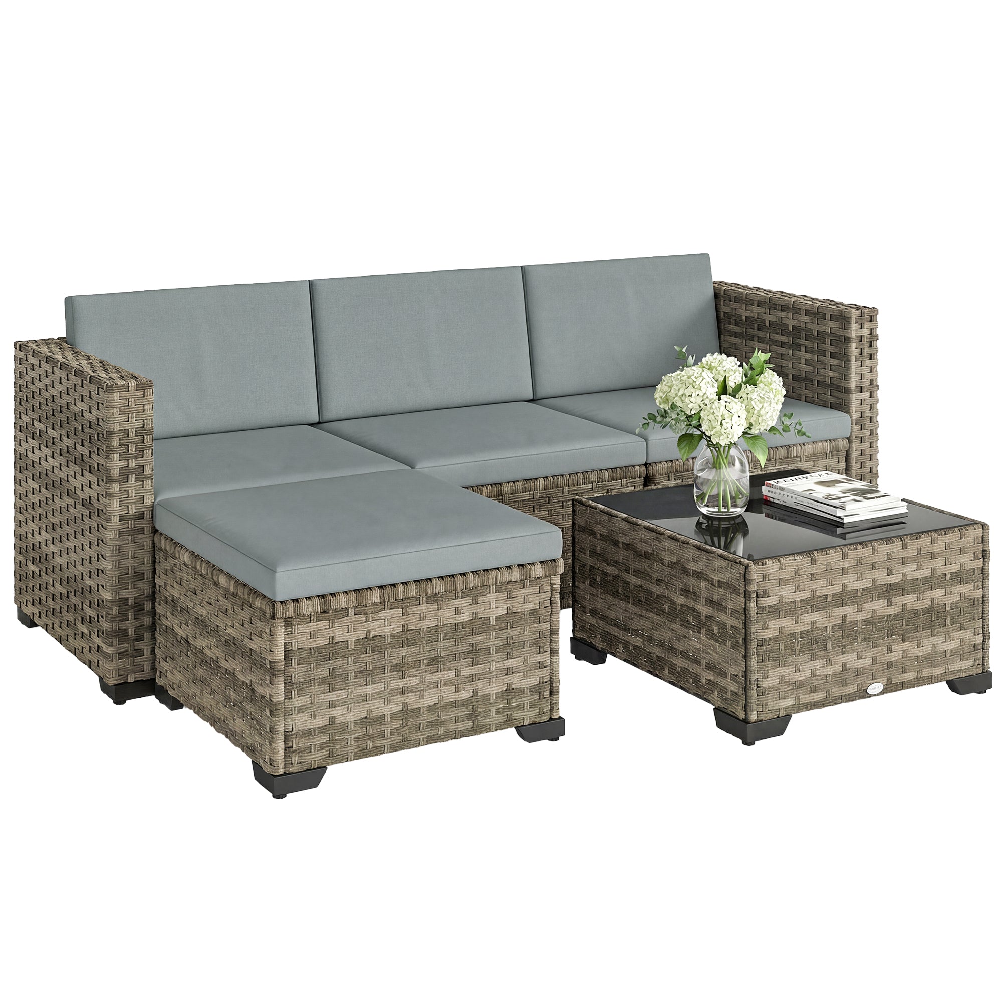Outsunny Conjunto de Jardín de Ratán de 5 Piezas, Conjunto Terraza Resistente, Muebles Jardín Exterior Incluye Cojines, 2 Sillones de Esquina, Sillón sin Brazos, Reposapiés y Mesa Centro, Gris Claro