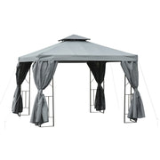 Outsunny Cenador de Jardín 3x3 m Pabellón para Exterior con Doble Techo de Ventilación y 4 Cortinas Laterales Extraíbles de Cremallera Gazebo para Terraza Patio Exterior Gris