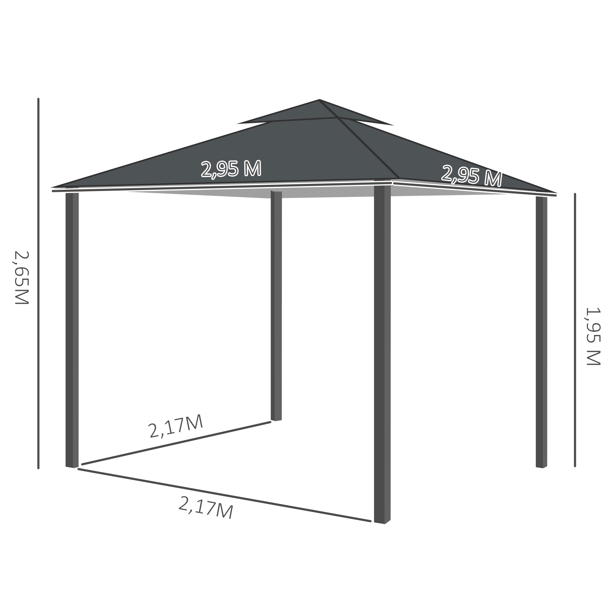 Outsunny Cenador de Jardín 3x3 m Pabellón para Exterior con Doble Techo de Ventilación y 4 Cortinas Laterales Extraíbles de Cremallera Gazebo para Terraza Patio Exterior Gris