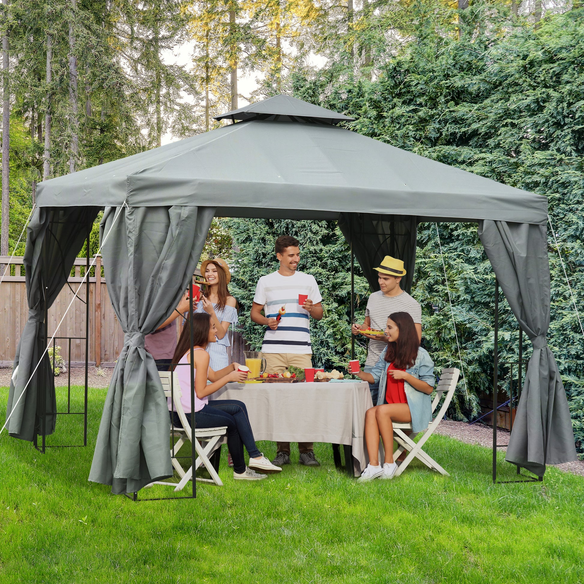 Outsunny Cenador de Jardín 3x3 m Pabellón para Exterior con Doble Techo de Ventilación y 4 Cortinas Laterales Extraíbles de Cremallera Gazebo para Terraza Patio Exterior Gris