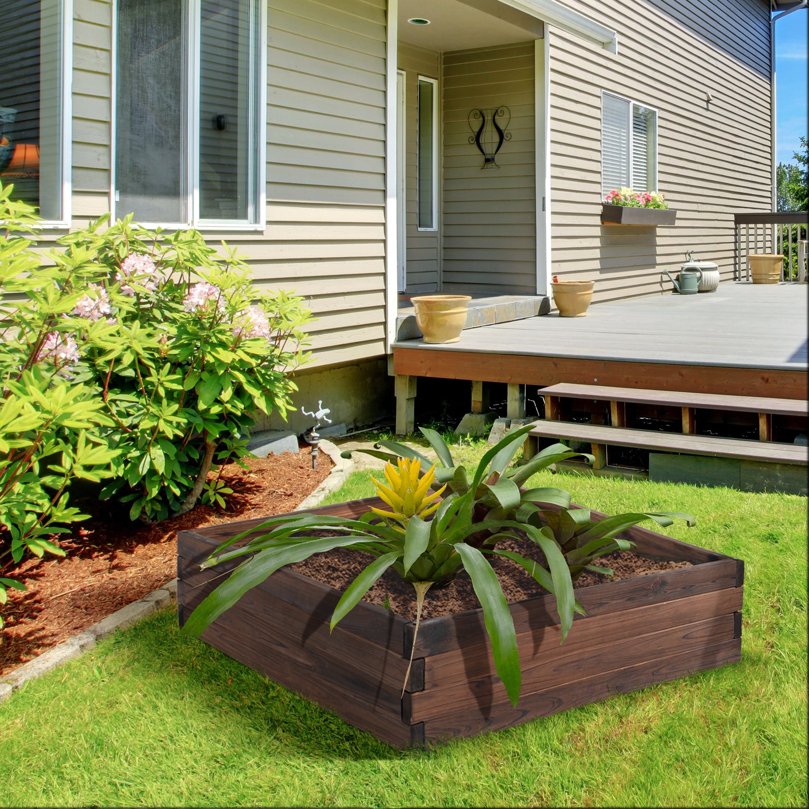 Outsunny Huerto Urbano Jardinera de Madera Maciza de Abeto Cama de Plantación de Jardín para Cultivo Plantas Flores Hierbas 80x80x22,5 cm Marrón