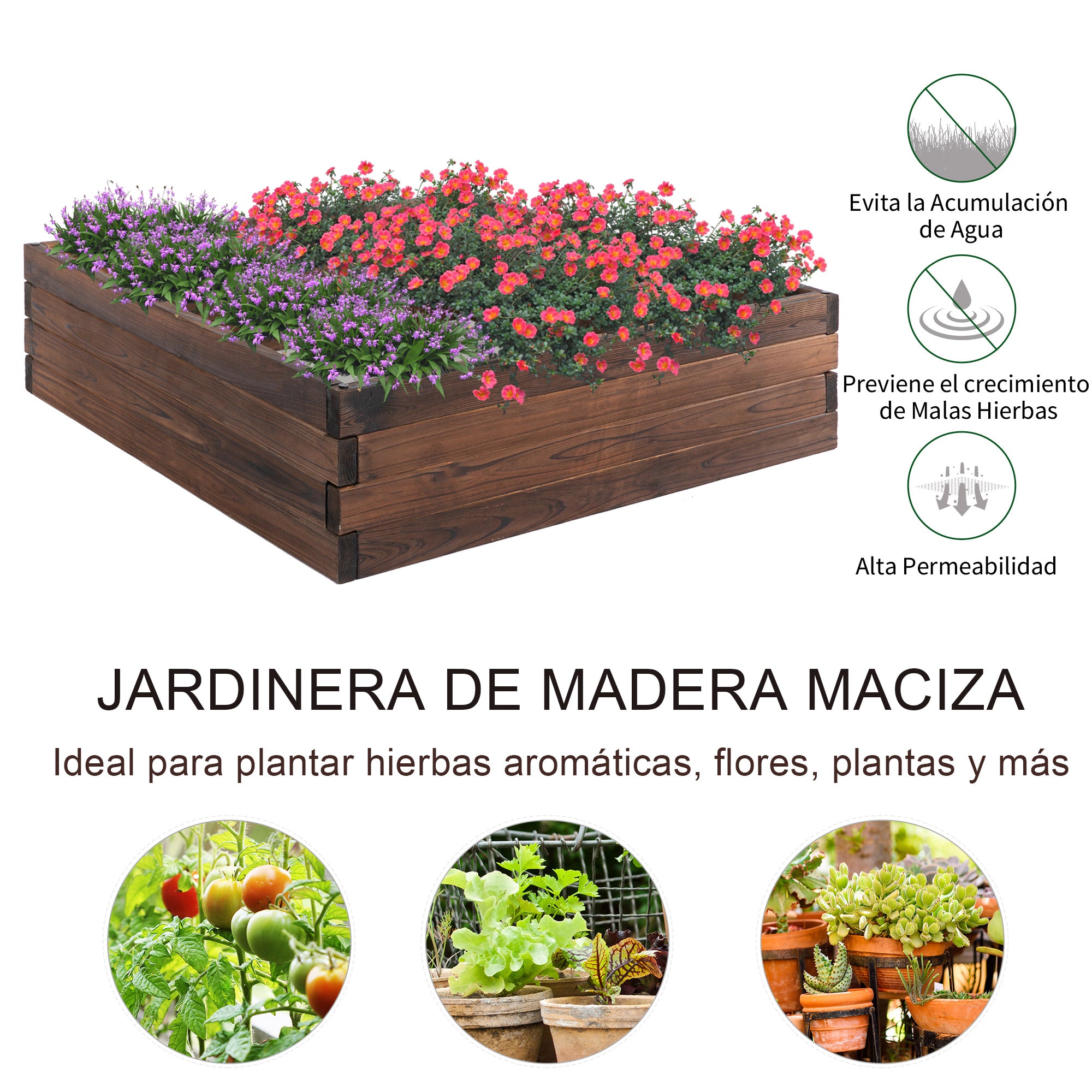 Outsunny Huerto Urbano Jardinera de Madera Maciza de Abeto Cama de Plantación de Jardín para Cultivo Plantas Flores Hierbas 80x80x22,5 cm Marrón