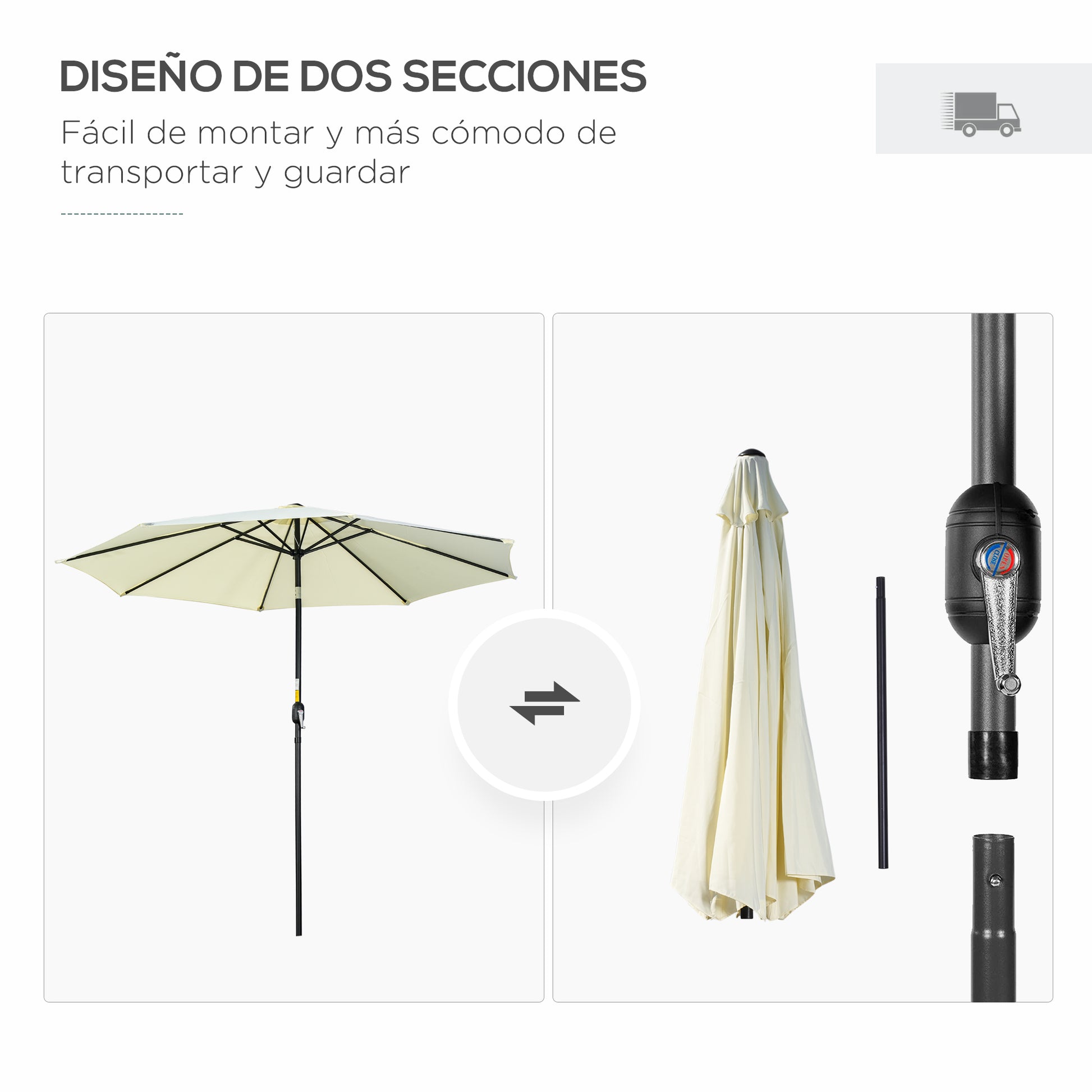 Outsunny Sombrilla de Jardín Ø295x250 cm con Manivela Parasol Exterior con Mecanismo de Inclinación y Poste Desmontable de Metal para Terraza Piscina Patio Beige