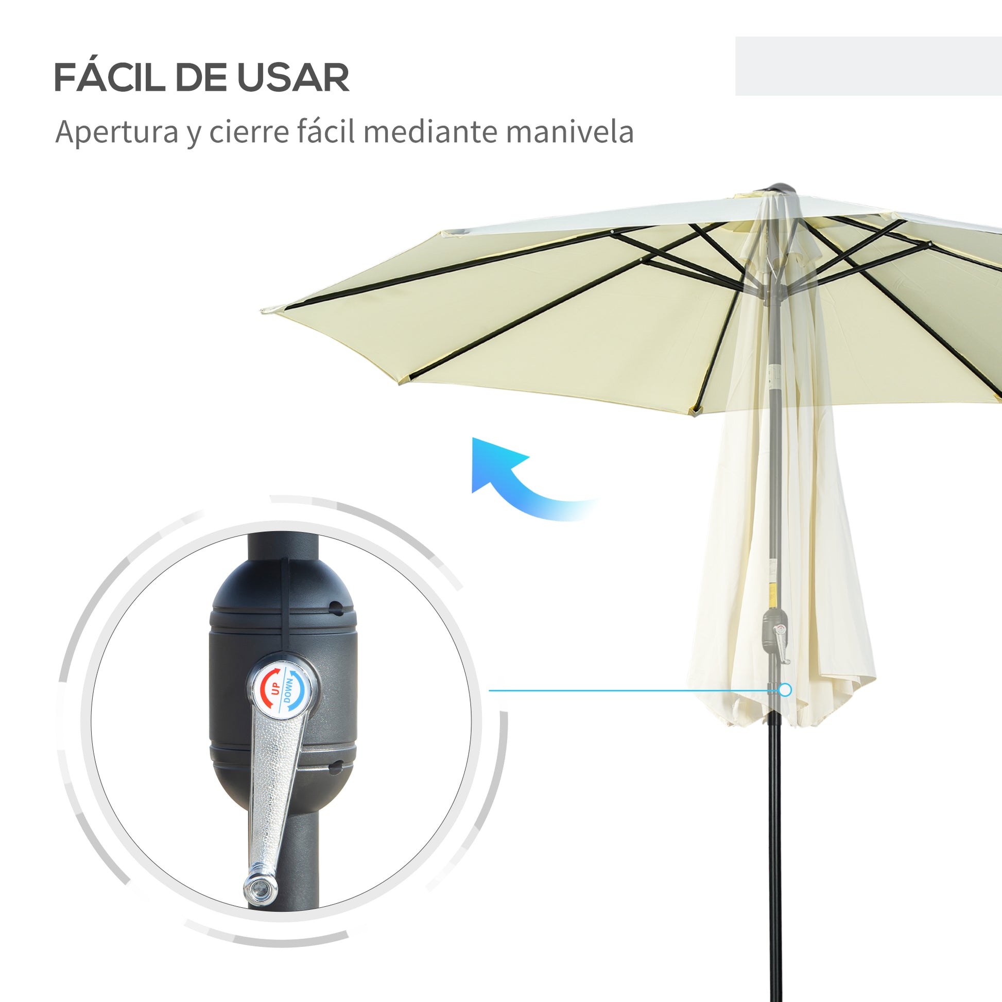 Outsunny Sombrilla de Jardín Ø295x250 cm con Manivela Parasol Exterior con Mecanismo de Inclinación y Poste Desmontable de Metal para Terraza Piscina Patio Beige