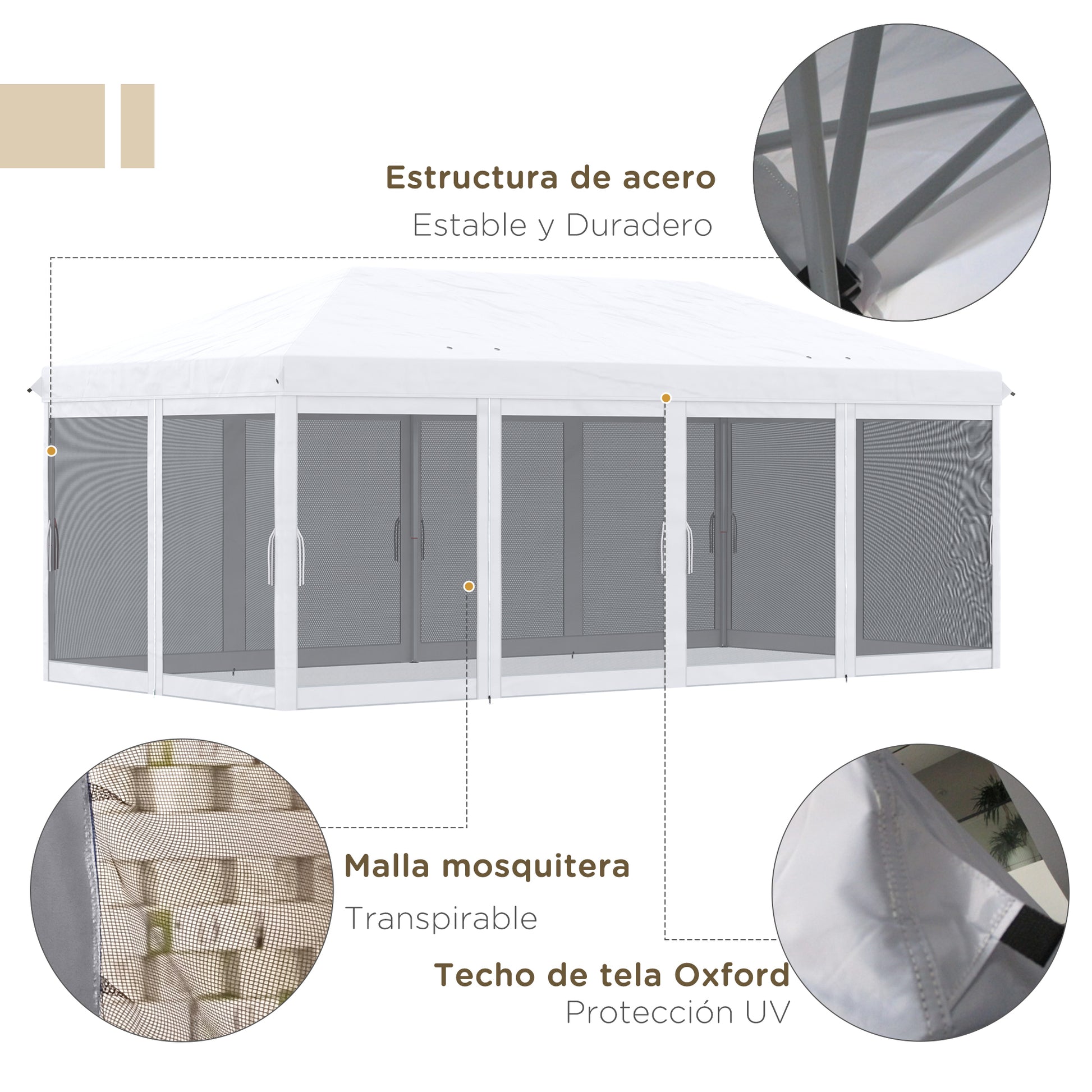 Outsunny Carpa Plegable Pop-Up Gazebo 6x3 m Cenador Plegable con 6 Paredes Laterales de Malla Anti-UV y Bolsa de Transporte para Camping Fiestas Crema