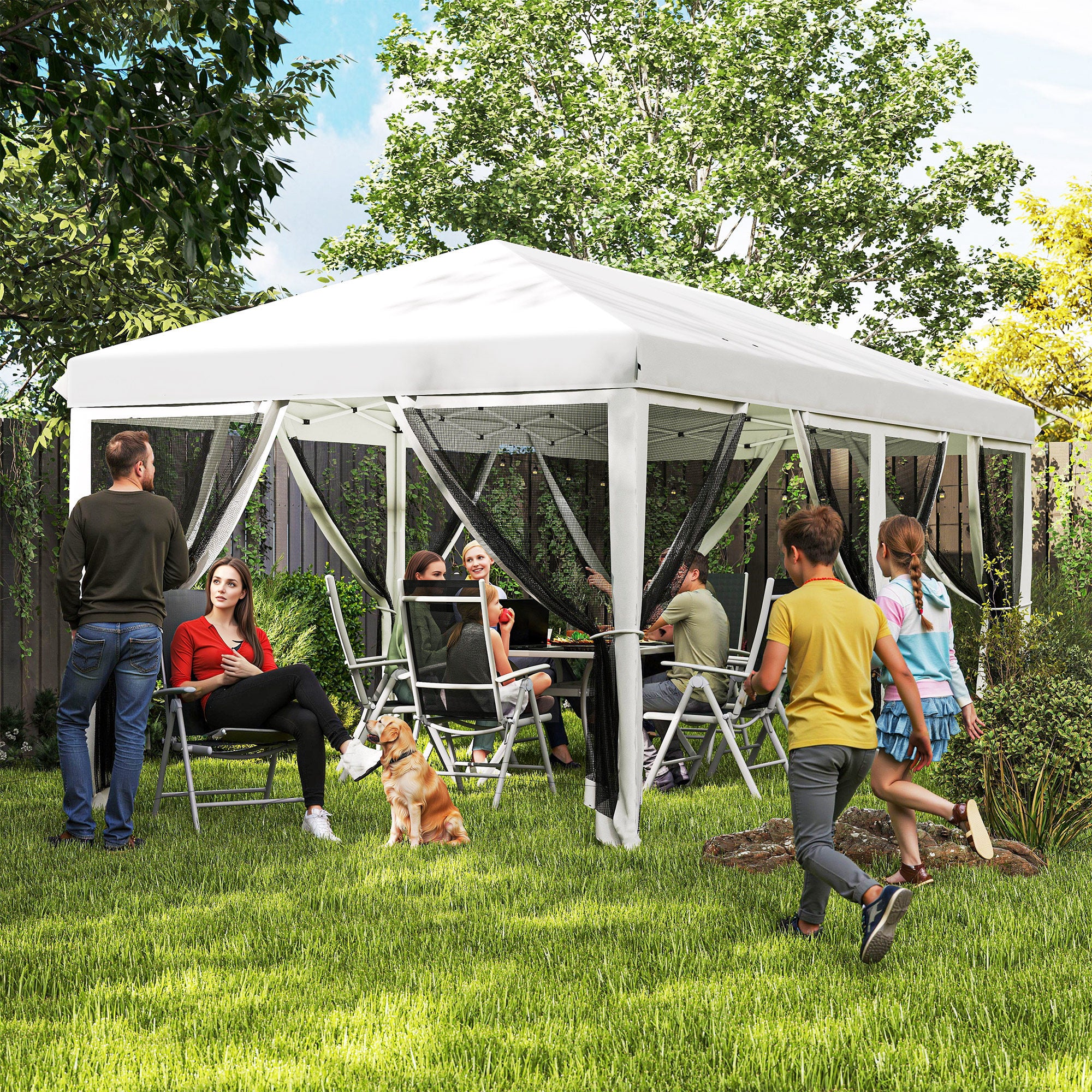 Outsunny Carpa Plegable Pop-Up Gazebo 6x3 m Cenador Plegable con 6 Paredes Laterales de Malla Anti-UV y Bolsa de Transporte para Camping Fiestas Crema