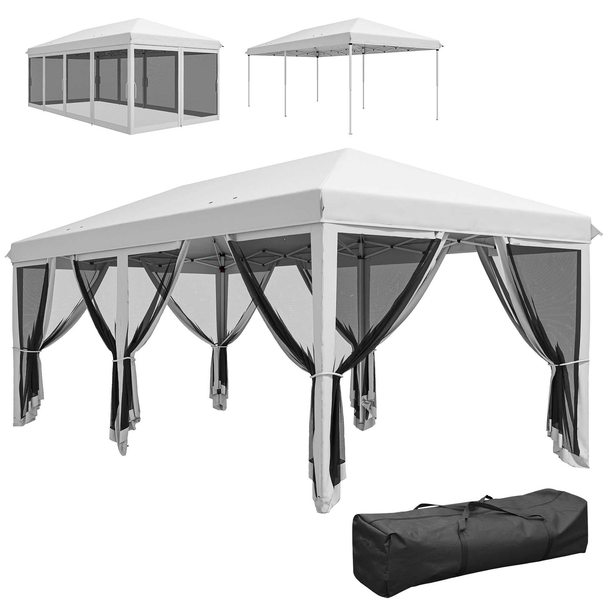 Outsunny Carpa Plegable Pop-Up Gazebo 6x3 m Cenador Plegable con 6 Paredes Laterales de Malla Anti-UV y Bolsa de Transporte para Camping Fiestas Crema