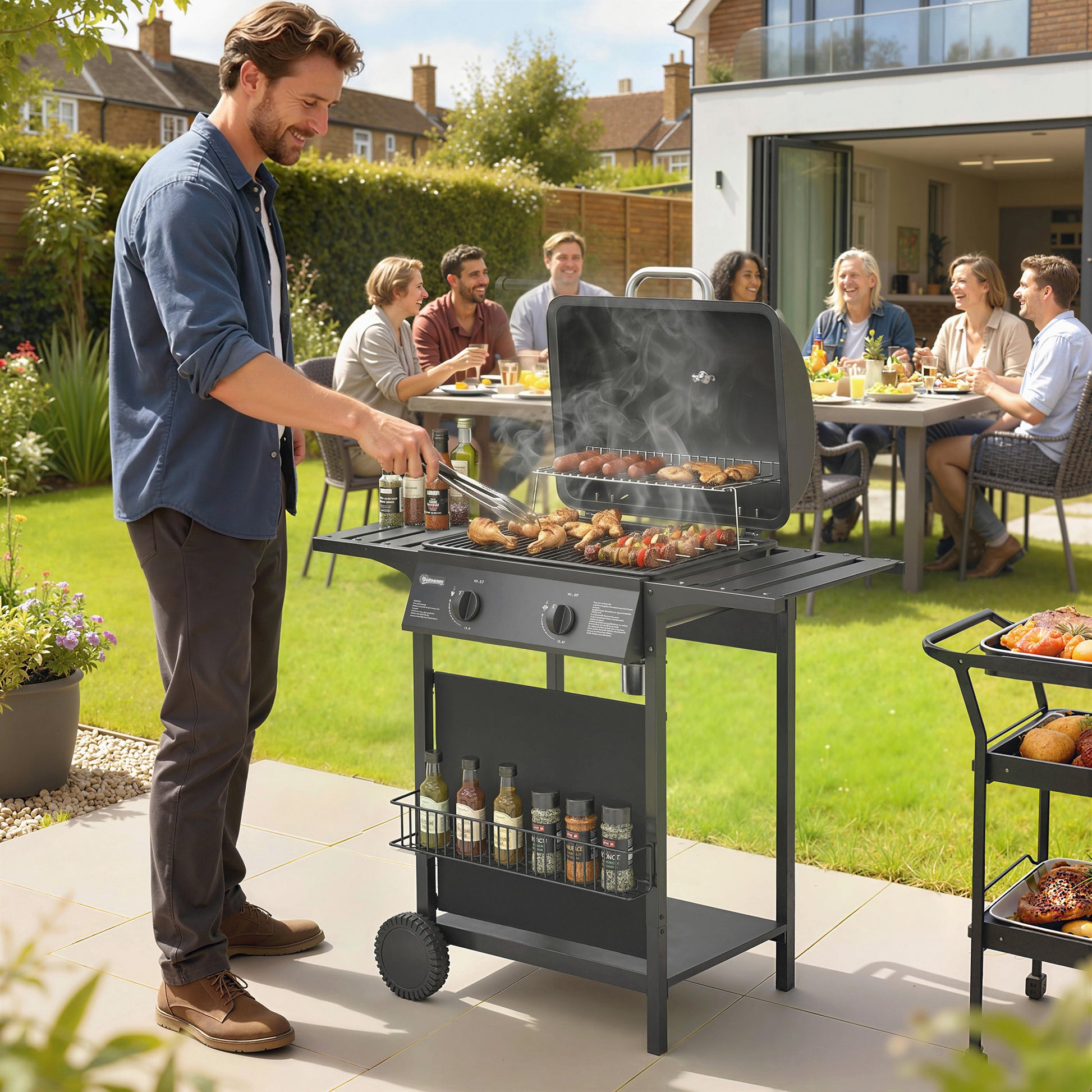 Outsunny Barbacoa de Gas BBQ Gas con 2 Quemadores 5 kW, Barbacoa Portátil con Termómetro, Mesas Laterales, Estante, Rejilla Calentadora, Encendido Piezoeléctrico, Bandeja de Grasa y 2 Ruedas, Negro