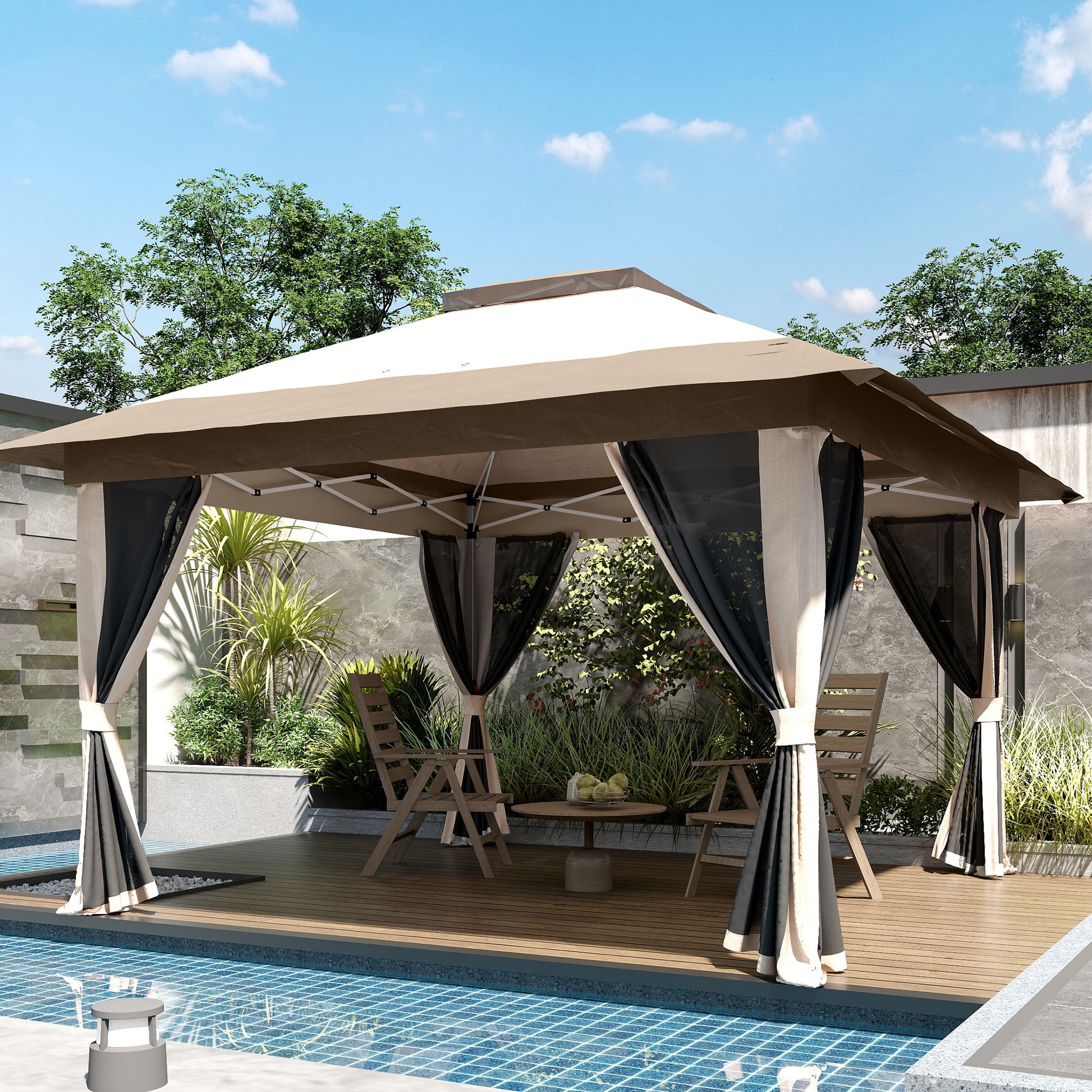Outsunny Carpa Plegable Gazebo, 3,6x3,6 m, Cenador Plegable con 4 Paredes Laterales de Malla, Anti-UV, Altura Ajustable, Bolsa de Arena y Bolsa de Transporte, para Camping, Fiestas, Beige
