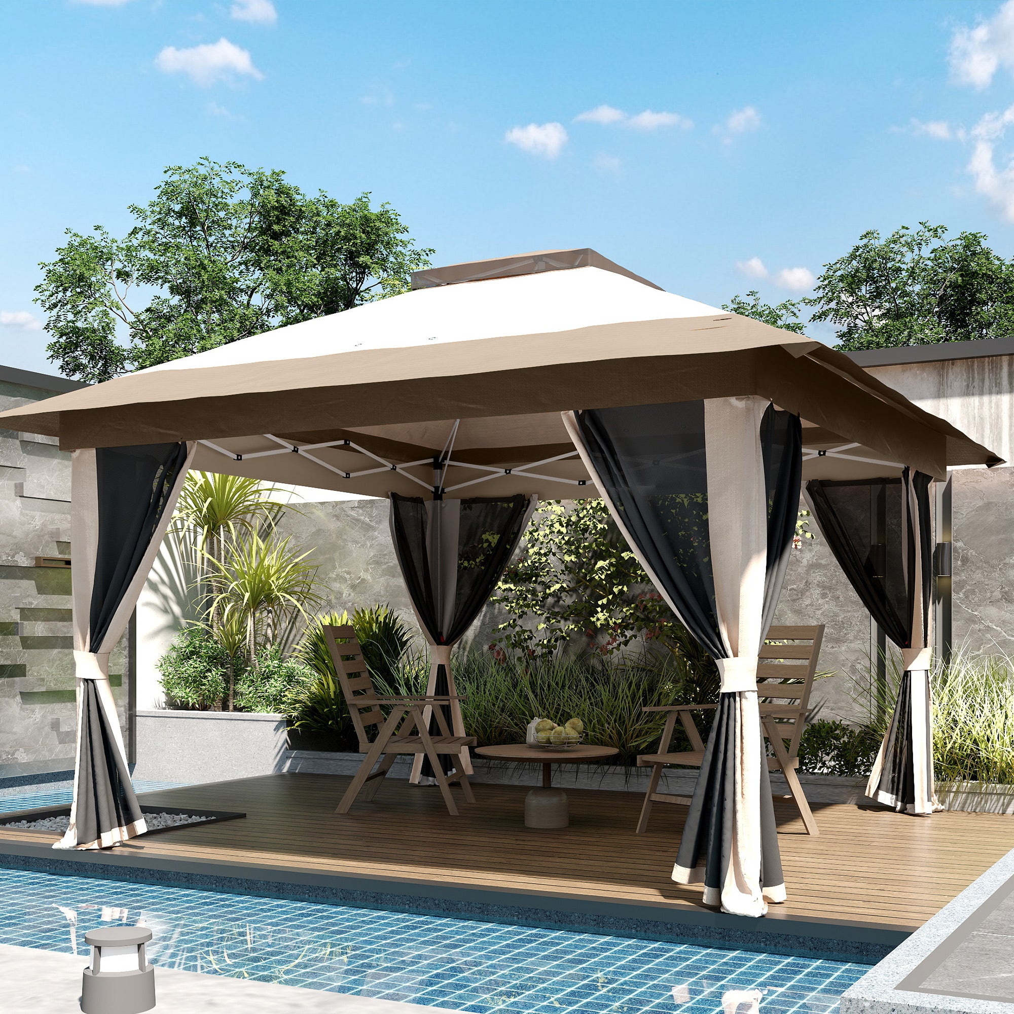Outsunny Carpa Plegable Gazebo, 3,6x3,6 m, Cenador Plegable con 4 Paredes Laterales de Malla, Anti-UV, Altura Ajustable, Bolsa de Arena y Bolsa de Transporte, para Camping, Fiestas, Beige