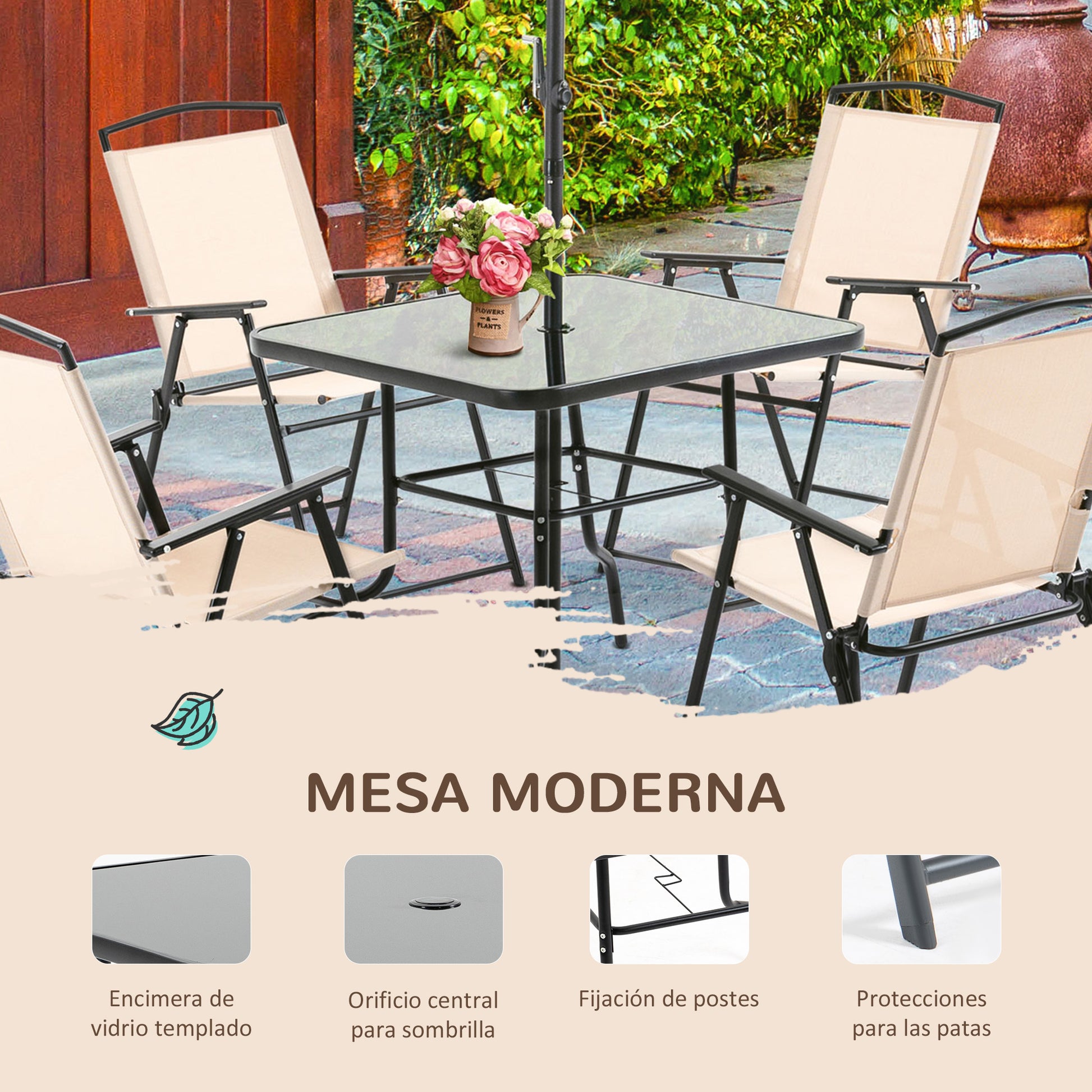 Outsunny Conjunto de Muebles de Jardín con 4 Sillas Plegables Mesa de Comedor de Vidrio y Sombrilla Inclinable Protección del Sol para Patio Terraza Exterior 80x80x70 cm Beige