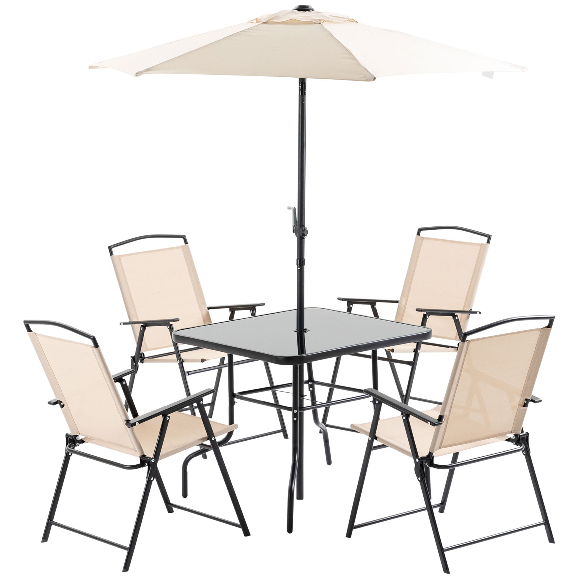 Outsunny Conjunto de Muebles de Jardín con 4 Sillas Plegables Mesa de Comedor de Vidrio y Sombrilla Inclinable Protección del Sol para Patio Terraza Exterior 80x80x70 cm Beige