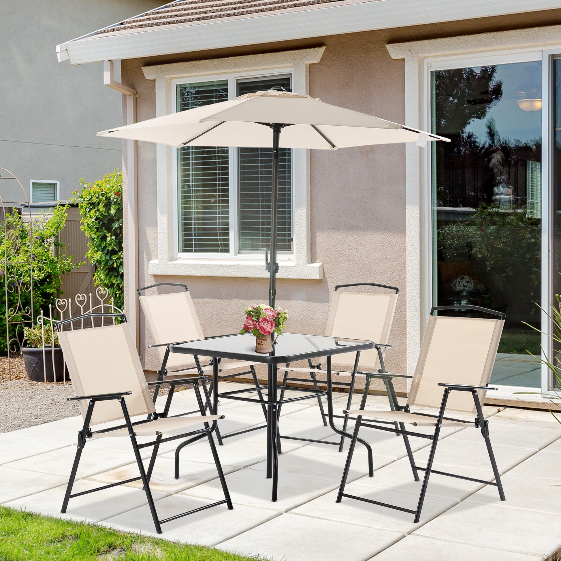 Outsunny Conjunto de Muebles de Jardín con 4 Sillas Plegables Mesa de Comedor de Vidrio y Sombrilla Inclinable Protección del Sol para Patio Terraza Exterior 80x80x70 cm Beige