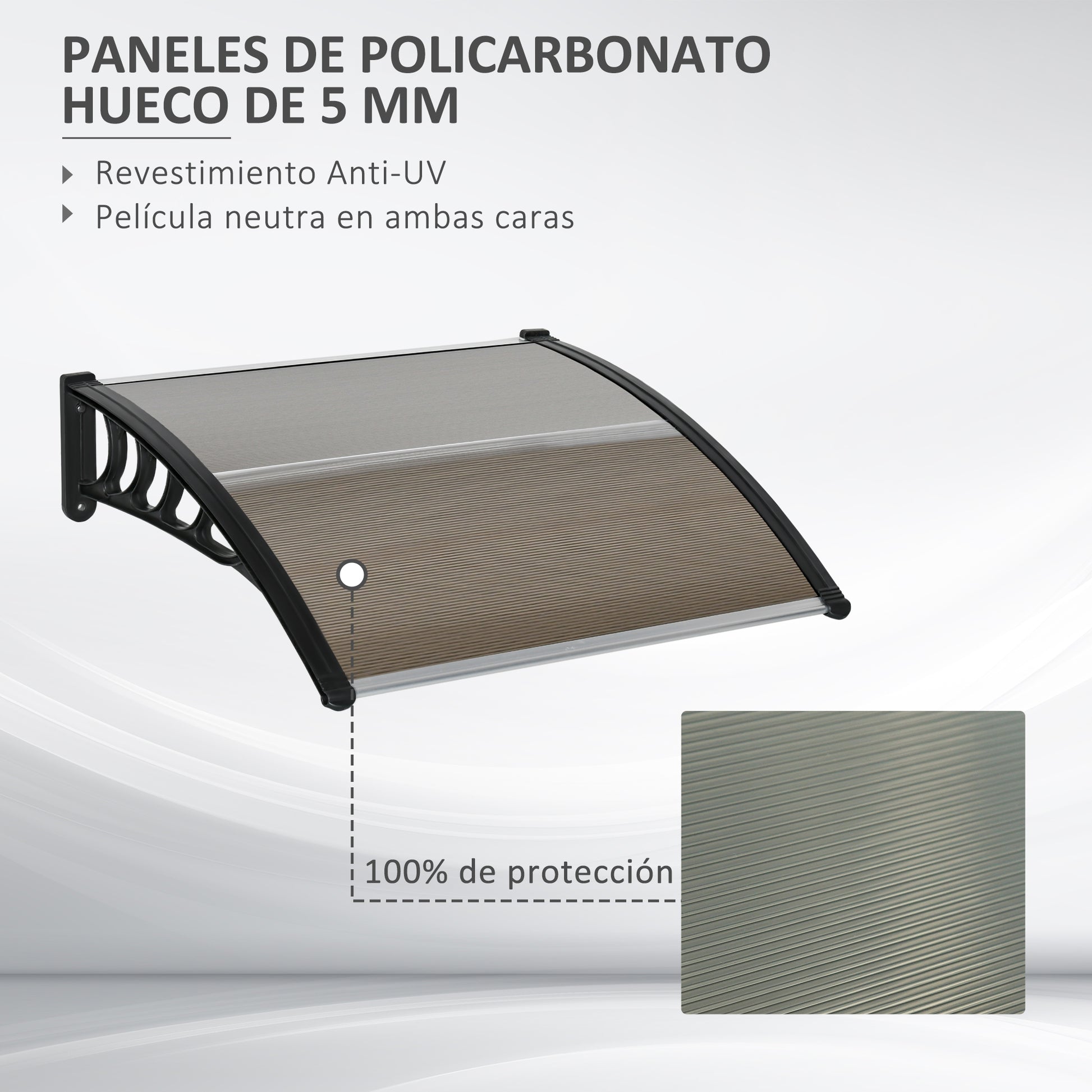 Outsunny Tejadillo de Protección 103x96,5x27 cm Marquesina Exterior para Puertas y Ventanas contra Sol y Lluvia con Soporte Aleación de Aluminio Policarbonato Marrón Translúcido