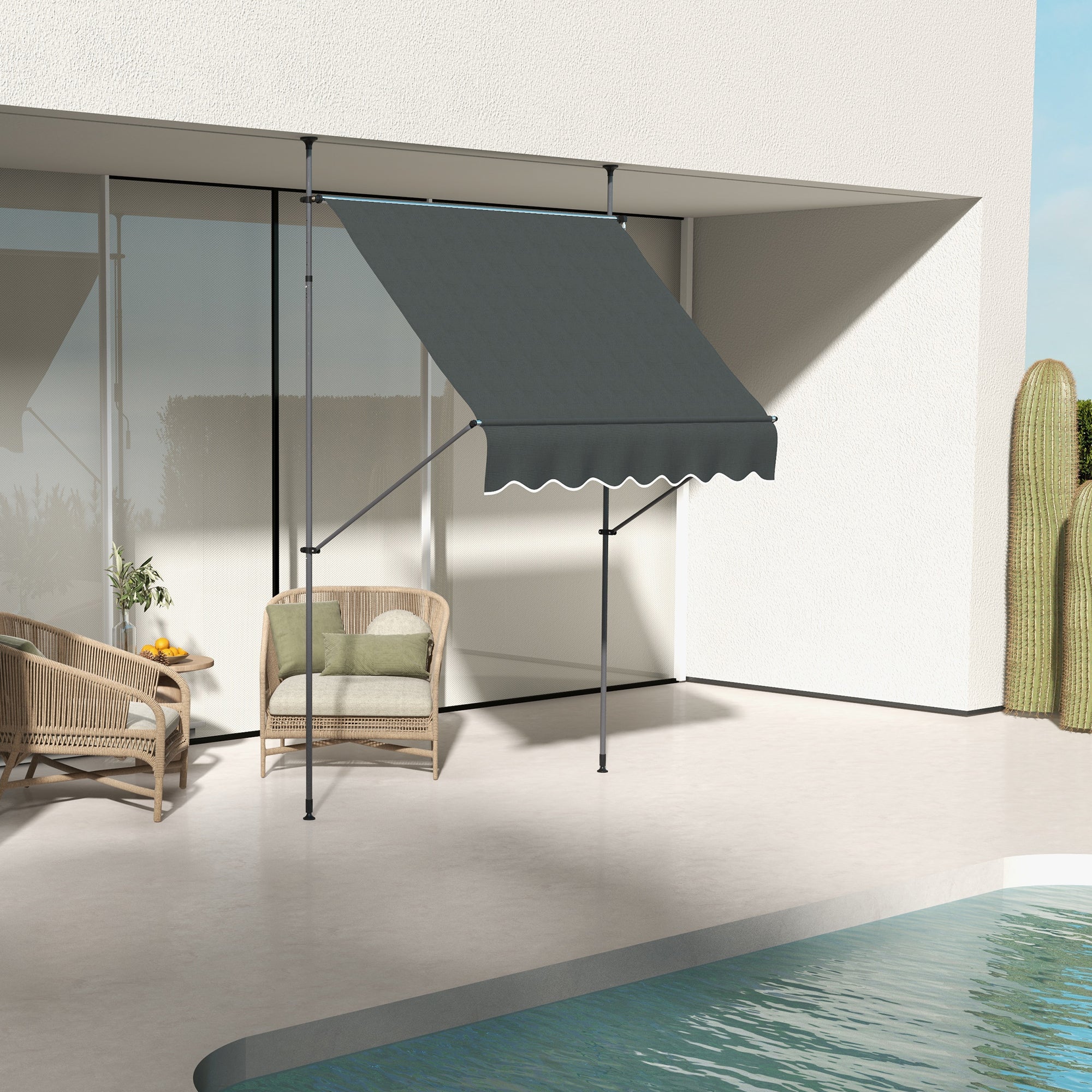 Outsunny Toldo Manual Retráctil 2x1,2 m Toldo Exterior Terraza Enrollable Altura Ajustable con Manivela 210-300 cm Sin Taladro Protección UV30+ para Balcón Jardín Gris Oscuro