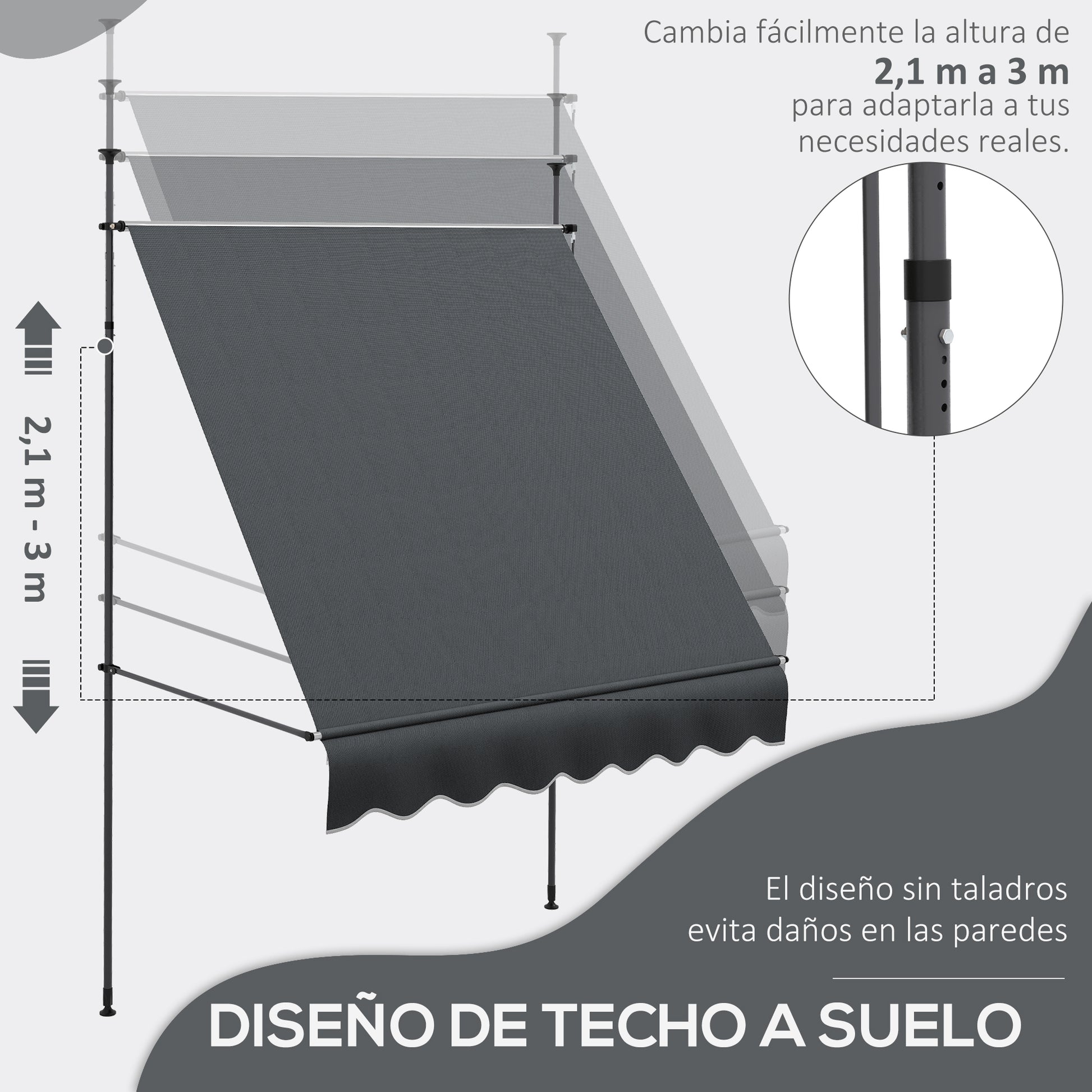 Outsunny Toldo Manual Retráctil 2x1,2 m Toldo Exterior Terraza Enrollable Altura Ajustable con Manivela 210-300 cm Sin Taladro Protección UV30+ para Balcón Jardín Gris Oscuro