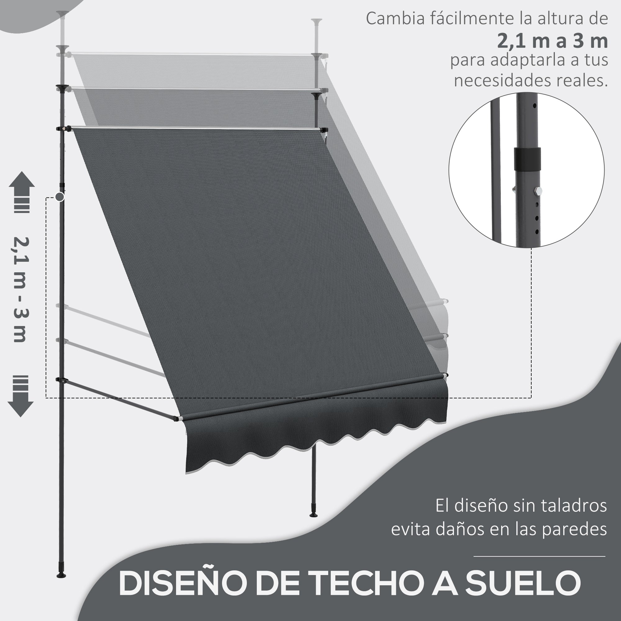 Outsunny Toldo Manual Retráctil 2x1,2 m Toldo Exterior Terraza Enrollable Altura Ajustable con Manivela 210-300 cm Sin Taladro Protección UV30+ para Balcón Jardín Gris Oscuro
