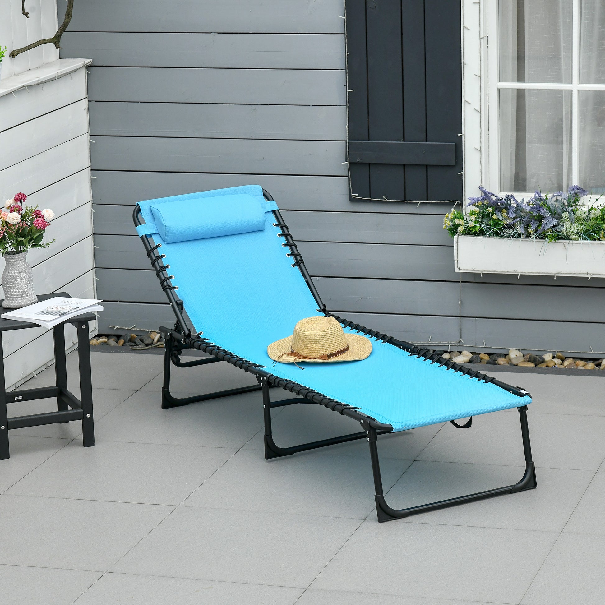 Outsunny Set de 2 Tumbonas Plegables Tumbonas Jardín Exterior con Respaldo Ajustable en 4 Posiciones Sistema de Cordones Marco Acero para Exterior 197x58x30 cm Azul Claro