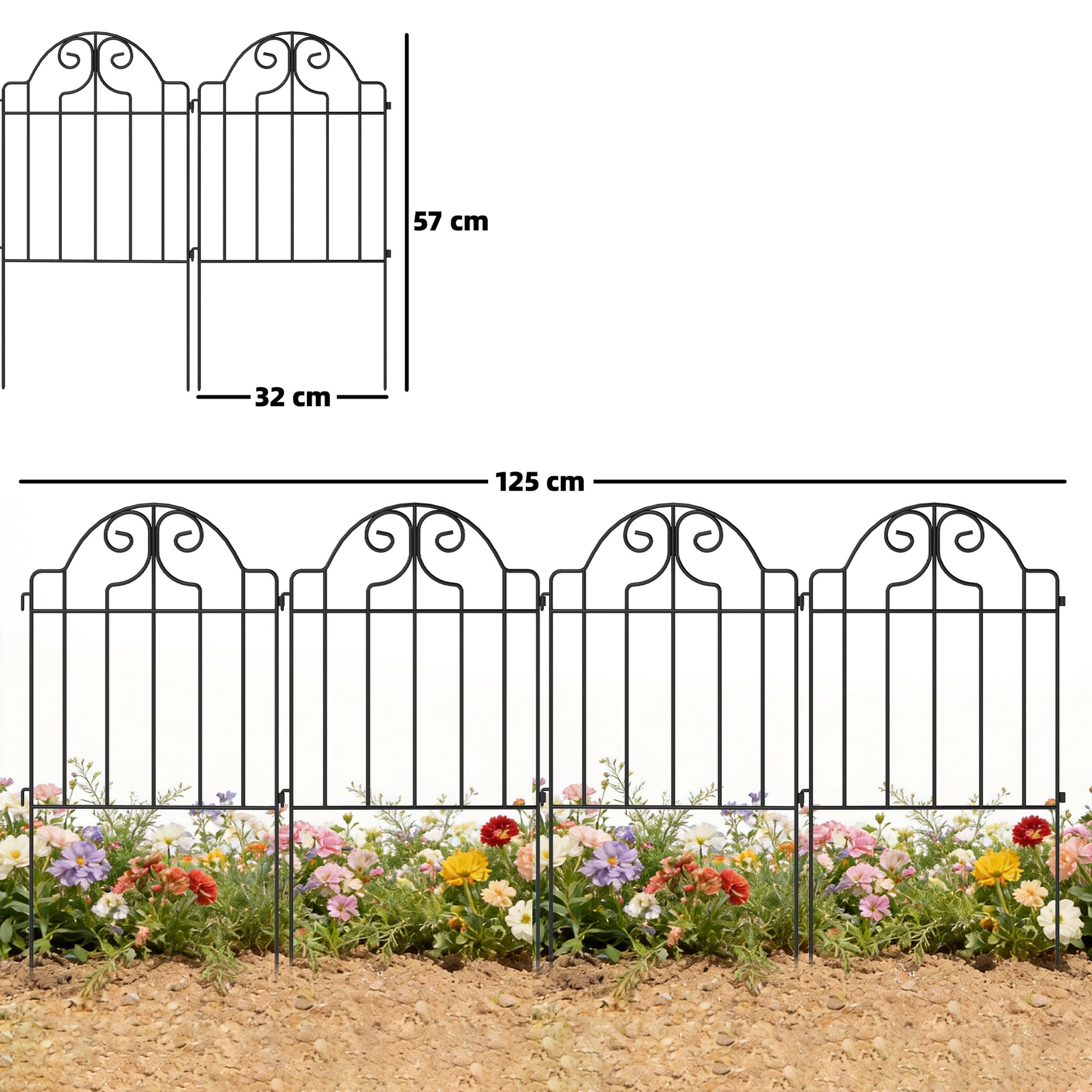 Outsunny Set de 4 Vallas de Jardín de Metal, 125x57 cm, Vallas de Jardín Exterior Decorativas con Diseño Arqueado, Resistente y Fácil de Instalar, para Huerto, Patio, Terraza, Césped, Negro