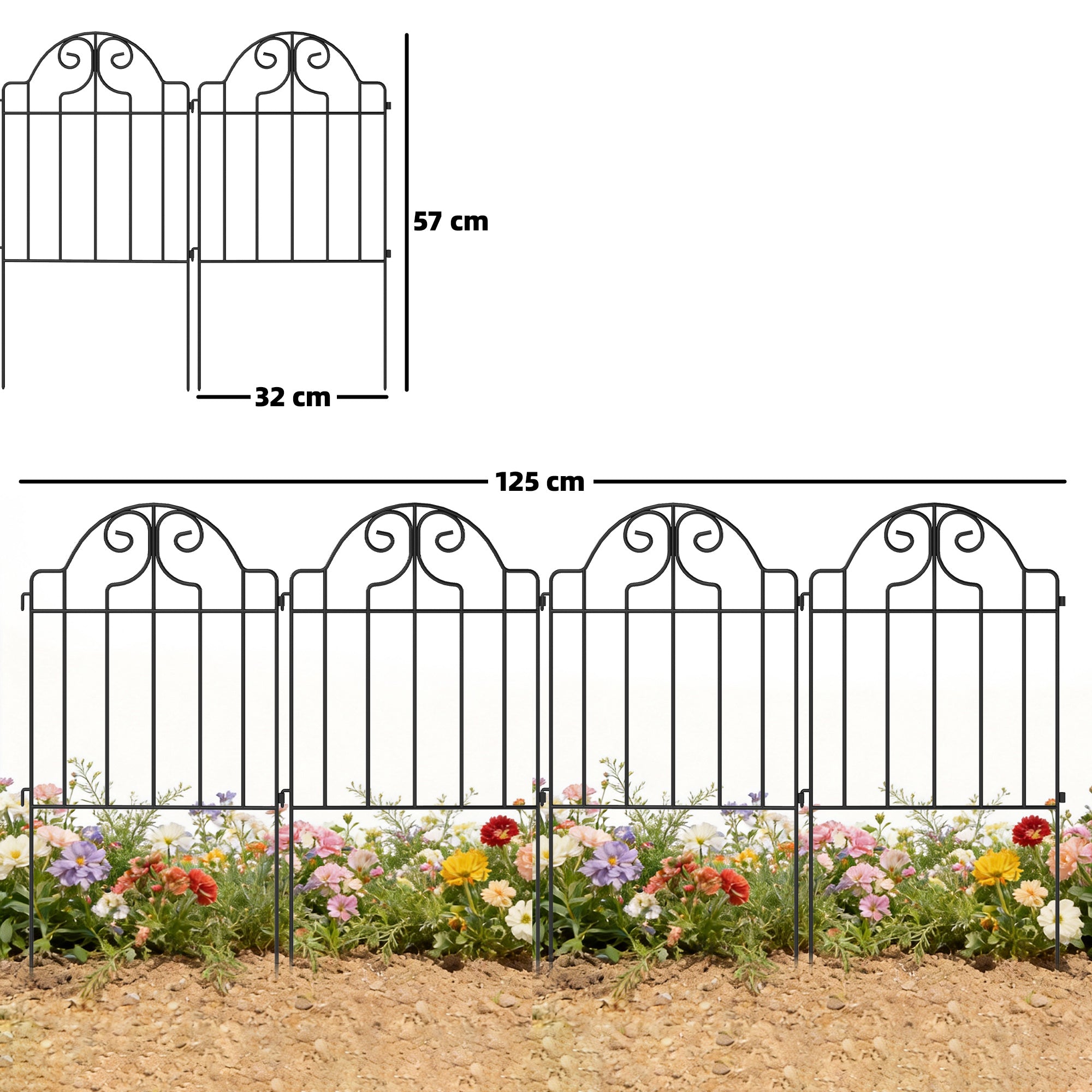 Outsunny Set de 4 Vallas de Jardín de Metal, 125x57 cm, Vallas de Jardín Exterior Decorativas con Diseño Arqueado, Resistente y Fácil de Instalar, para Huerto, Patio, Terraza, Césped, Negro
