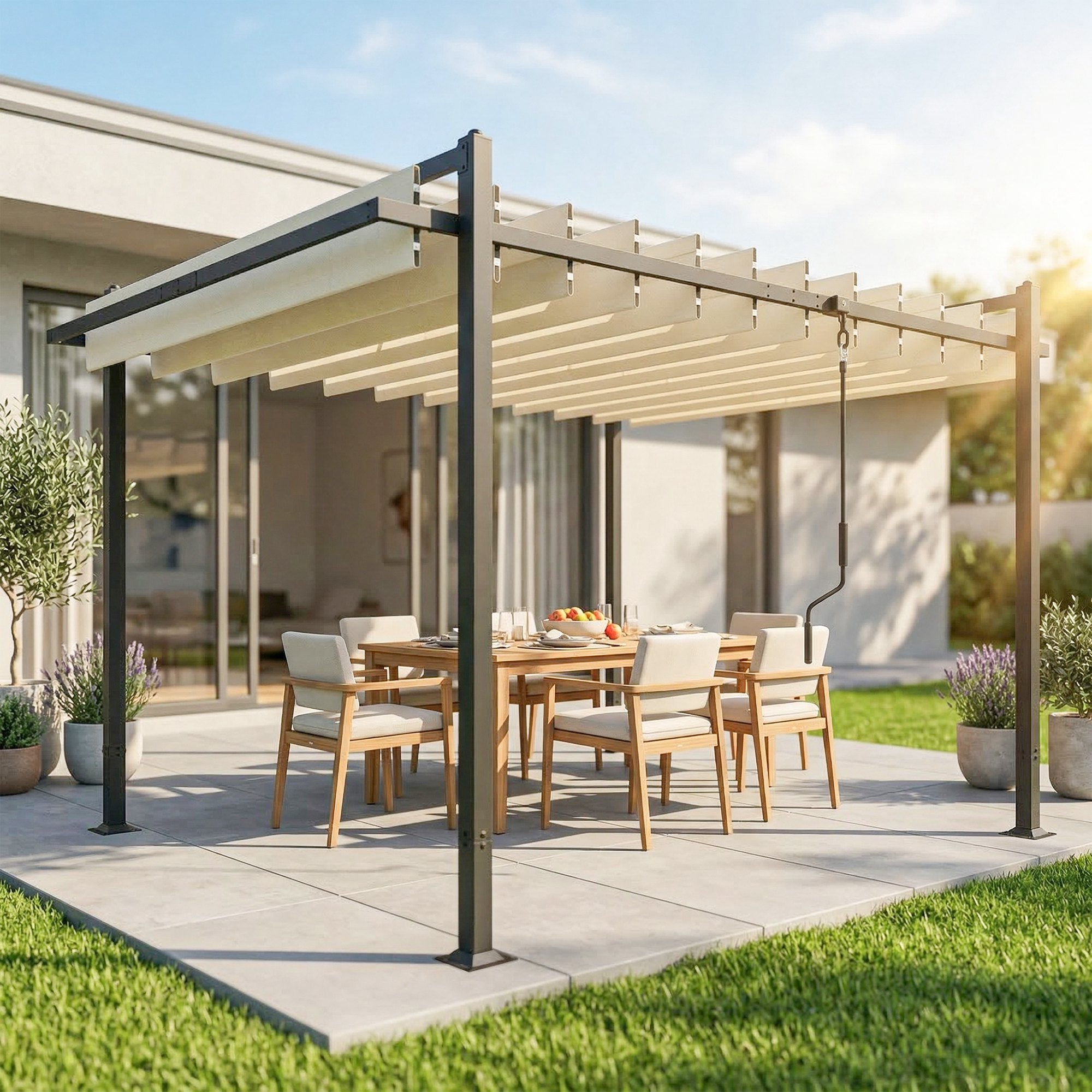 Outsunny Pérgola de Jardín 3x3,8 m, Cenador de Jardín con Techo de Lamas Ajustable a 90°, Manivela, Estructura de Aluminio y Acero, Protección UPF50+, Pabellón para Exterior, Patio, Terraza, Beige