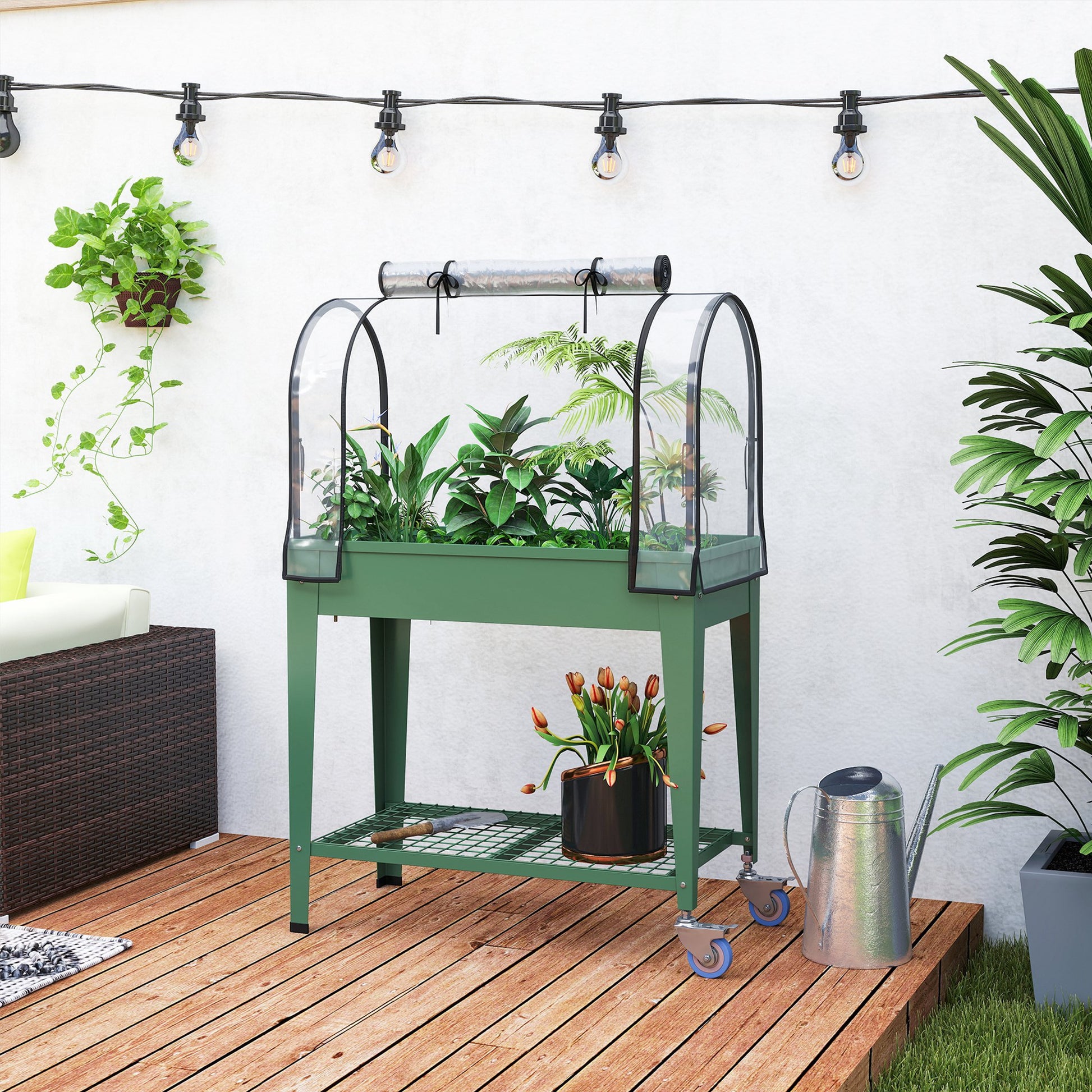 Outsunny Huerto Urbano Elevado con Ruedas, Mesa de Cultivo con Cubierta PVC de Invernadero y Estante Inferior para Cultivo, Plantas, Flores y Verduras, 80x40x120 cm, Verde