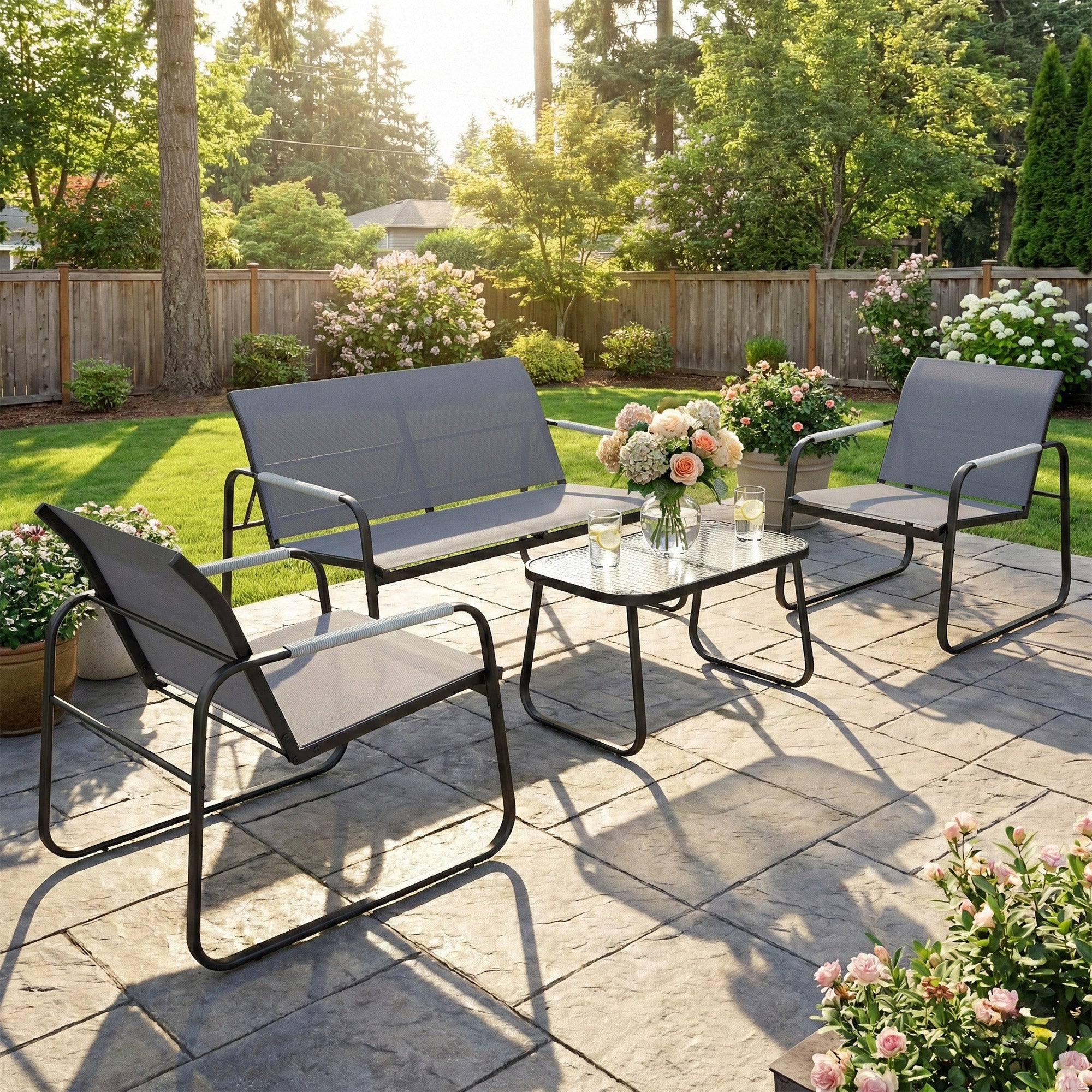 Outsunny Conjunto de Jardín Exterior de 4 Piezas, Muebles Jardín Exterior con 1 Sofá de 2 Plazas, 2 Sillones y Mesa de Vidrio Templado, Estructura de Acero y Textilene Transpirable, Gris