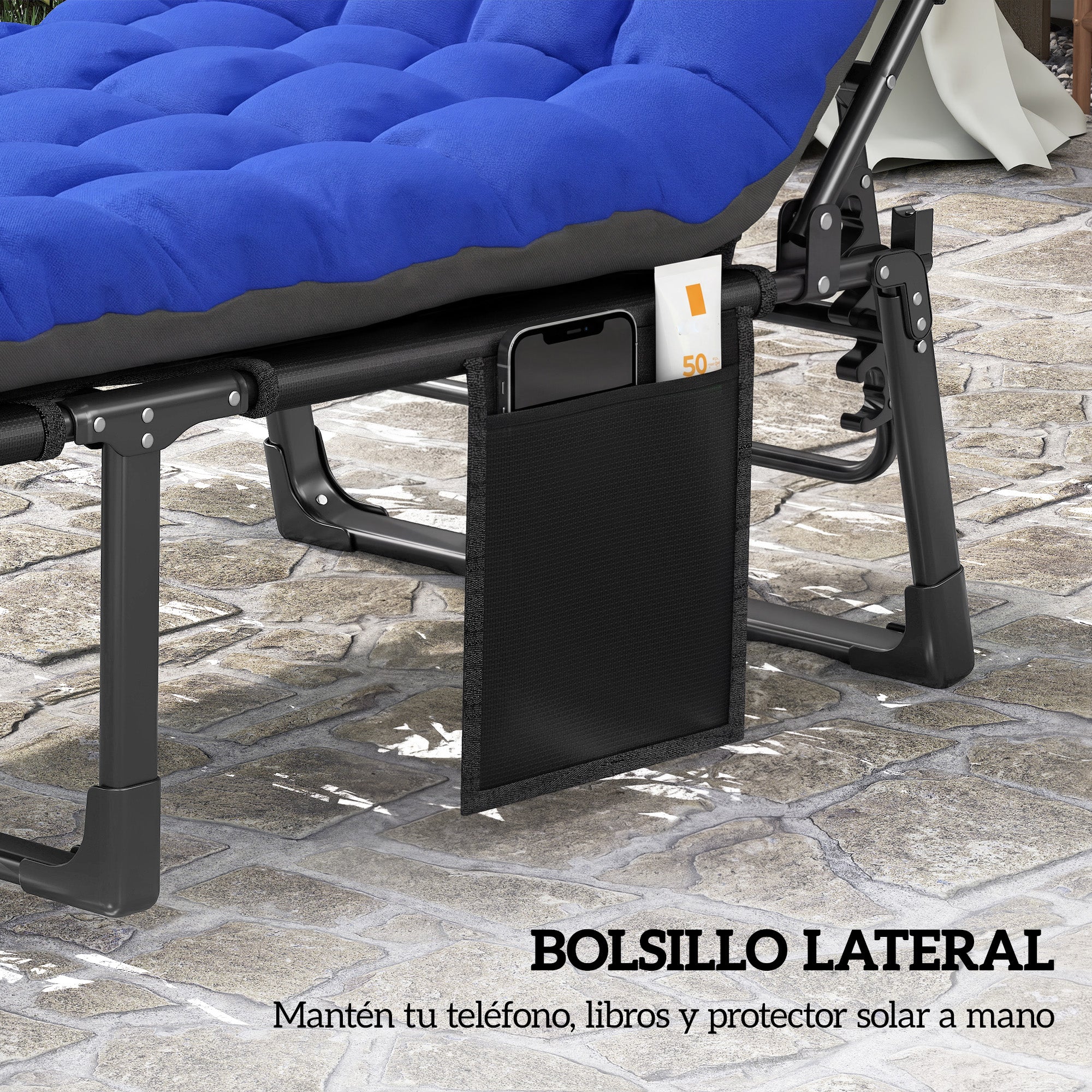 Outsunny Set de 2 Tumbonas Jardín Exterior, Tumbonas Plegables con Cojines, Respaldo Reclinable 5 Posiciones, Asiento Extra Ancho de Textilene, Bolsillo Lateral y Reposacabezas para Playa, Azul